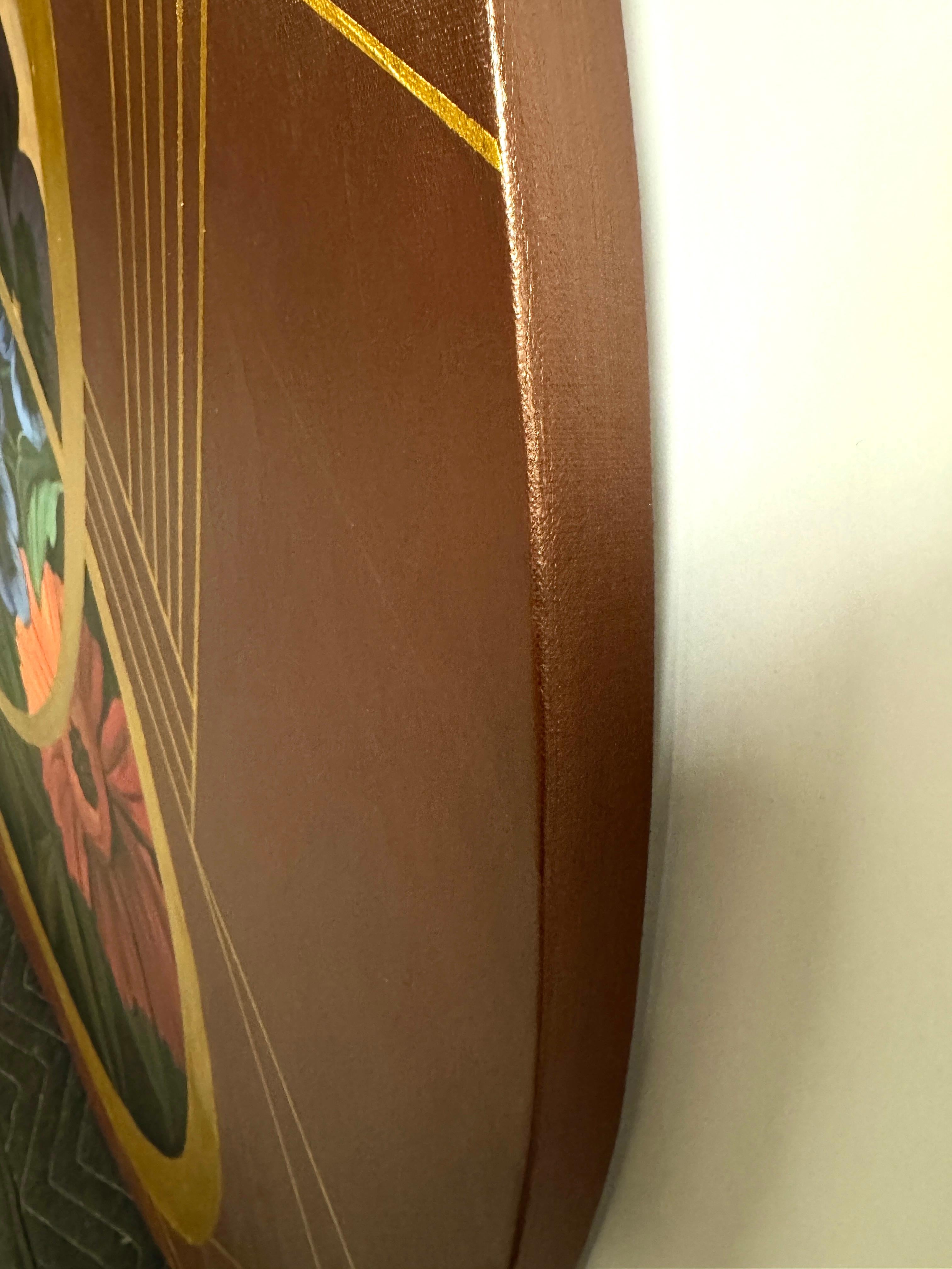 Peinture acrylique, cercle avec fleurs et or, 2019 en vente 2