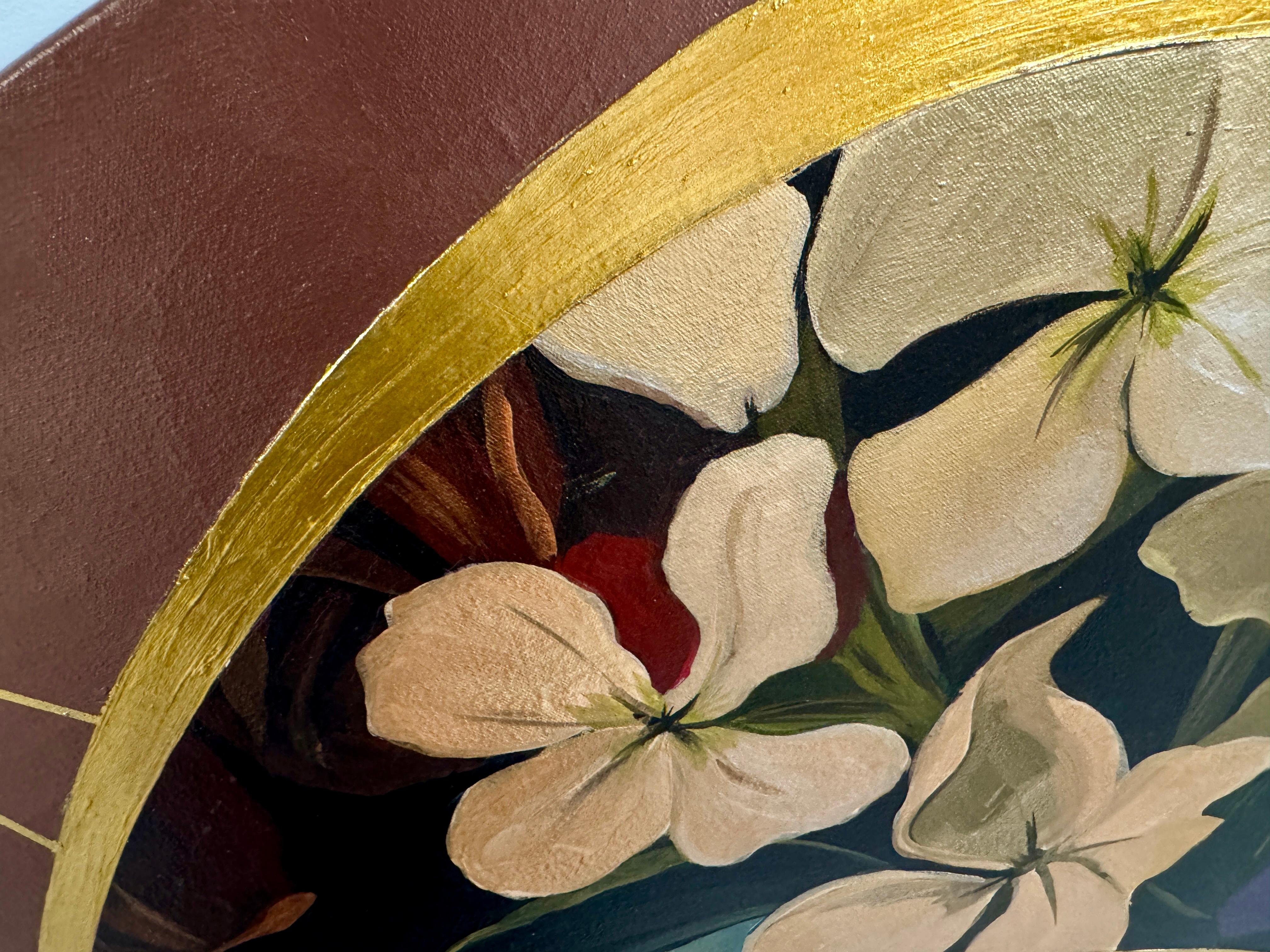 Peinture acrylique, cercle avec fleurs et or, 2019 en vente 4