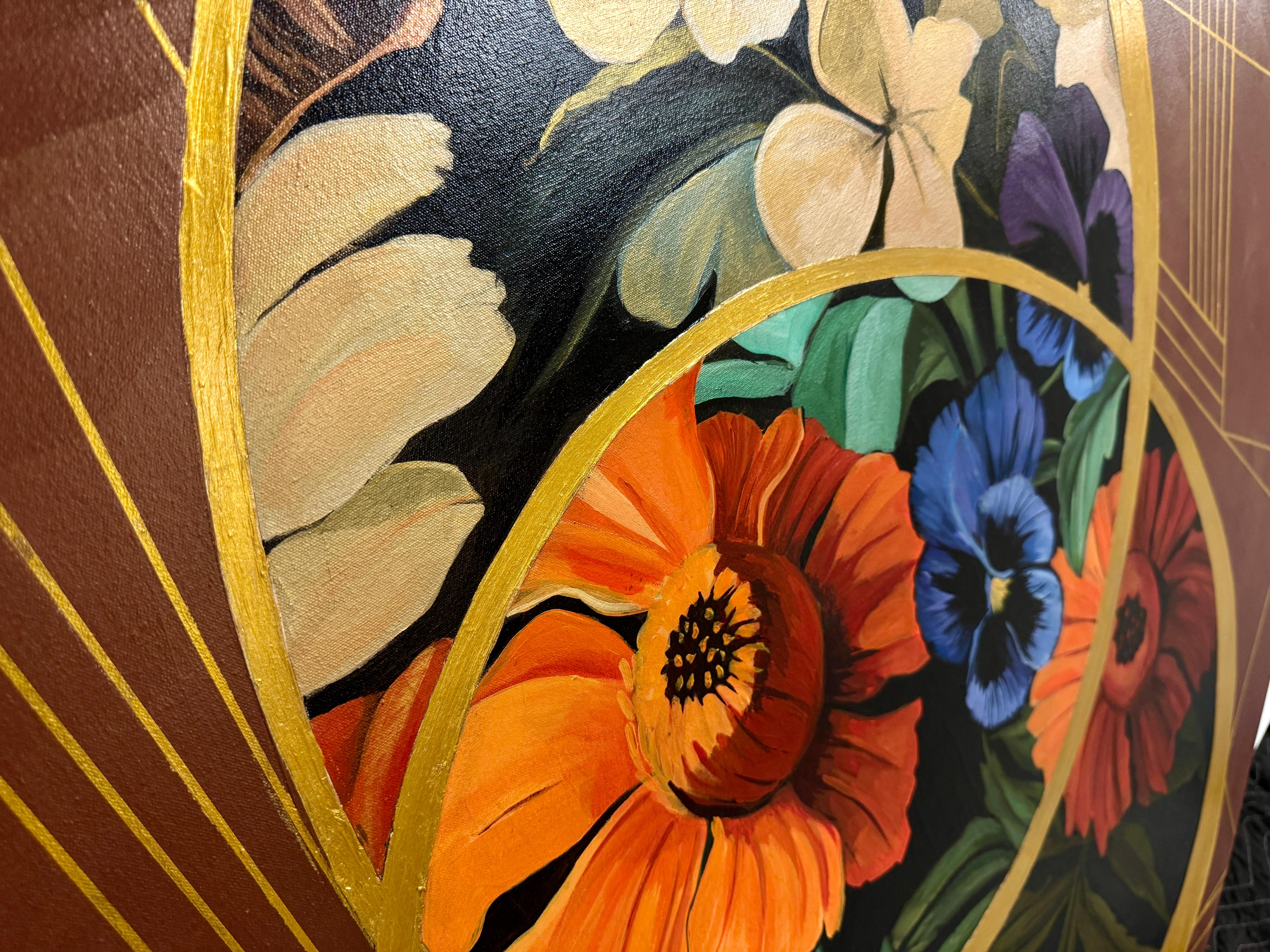 Peinture acrylique, cercle avec fleurs et or, 2019 en vente 5
