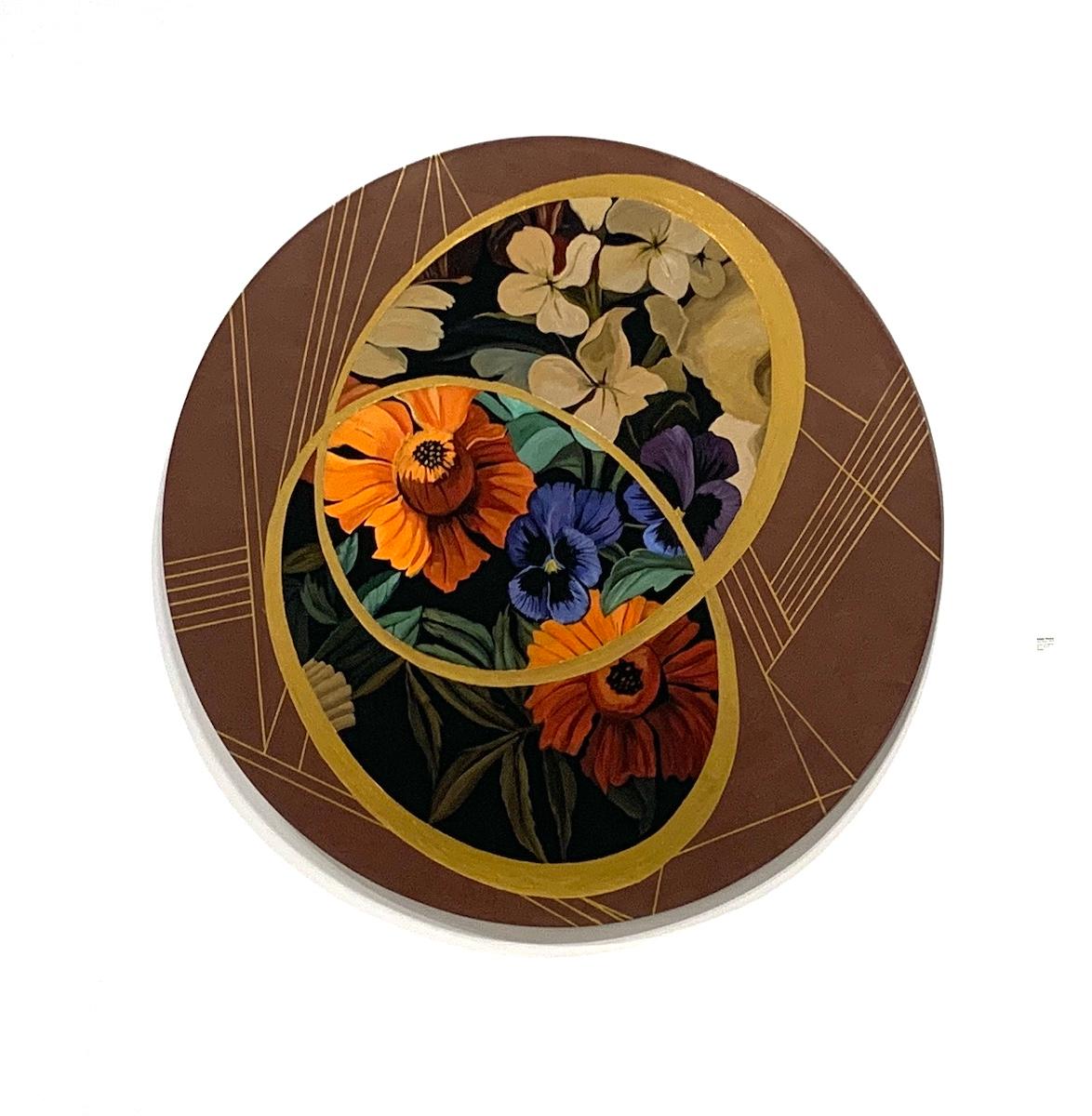 Peinture acrylique, cercle avec fleurs et or, 2019 - Painting de Magaly Sanchez