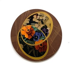Acrylic Painting, Circle with Flowers and Gold, 2019
