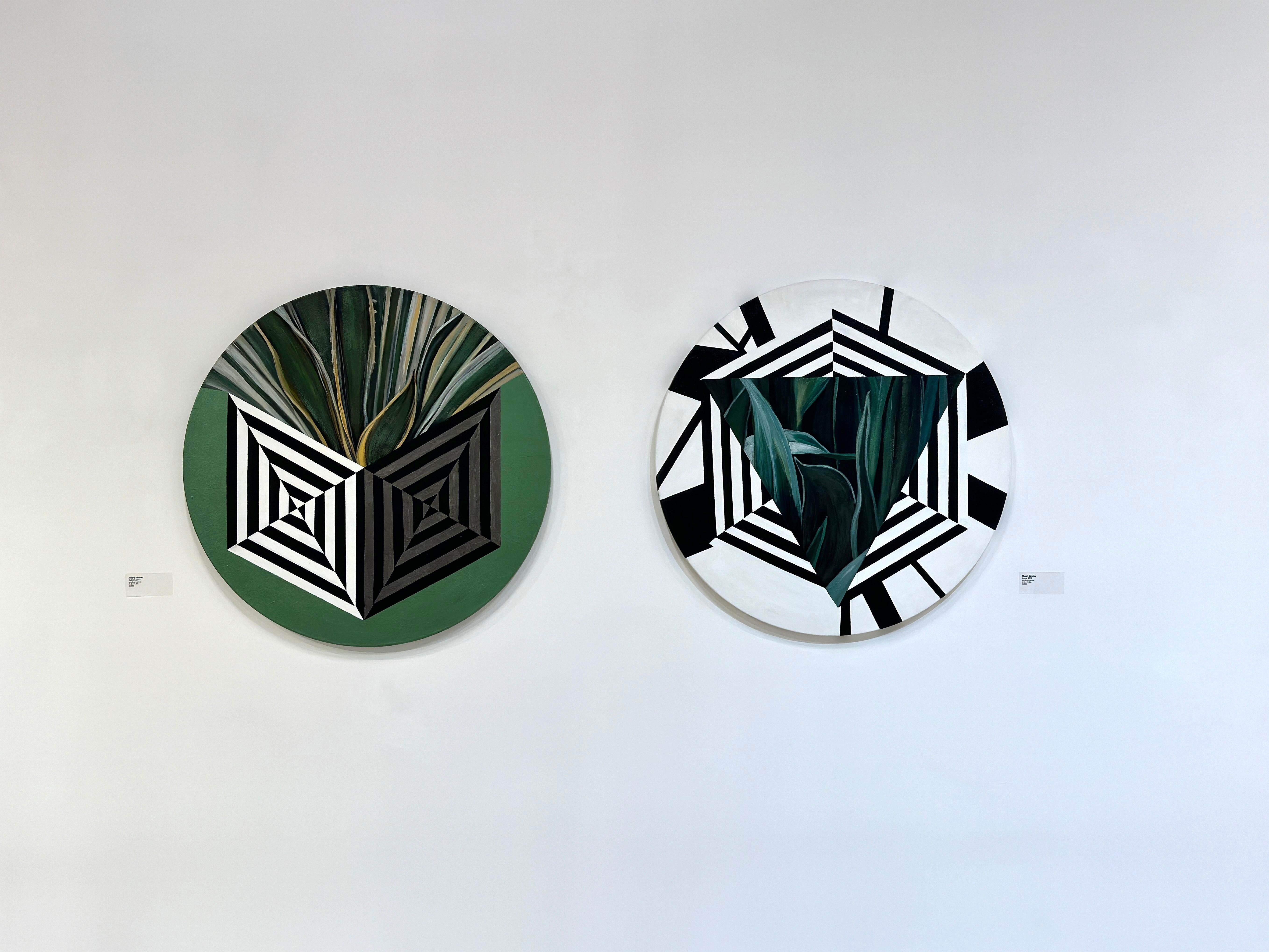 Circular acrylic painting: floral and geometric greens - Painting by Magaly Sanchez