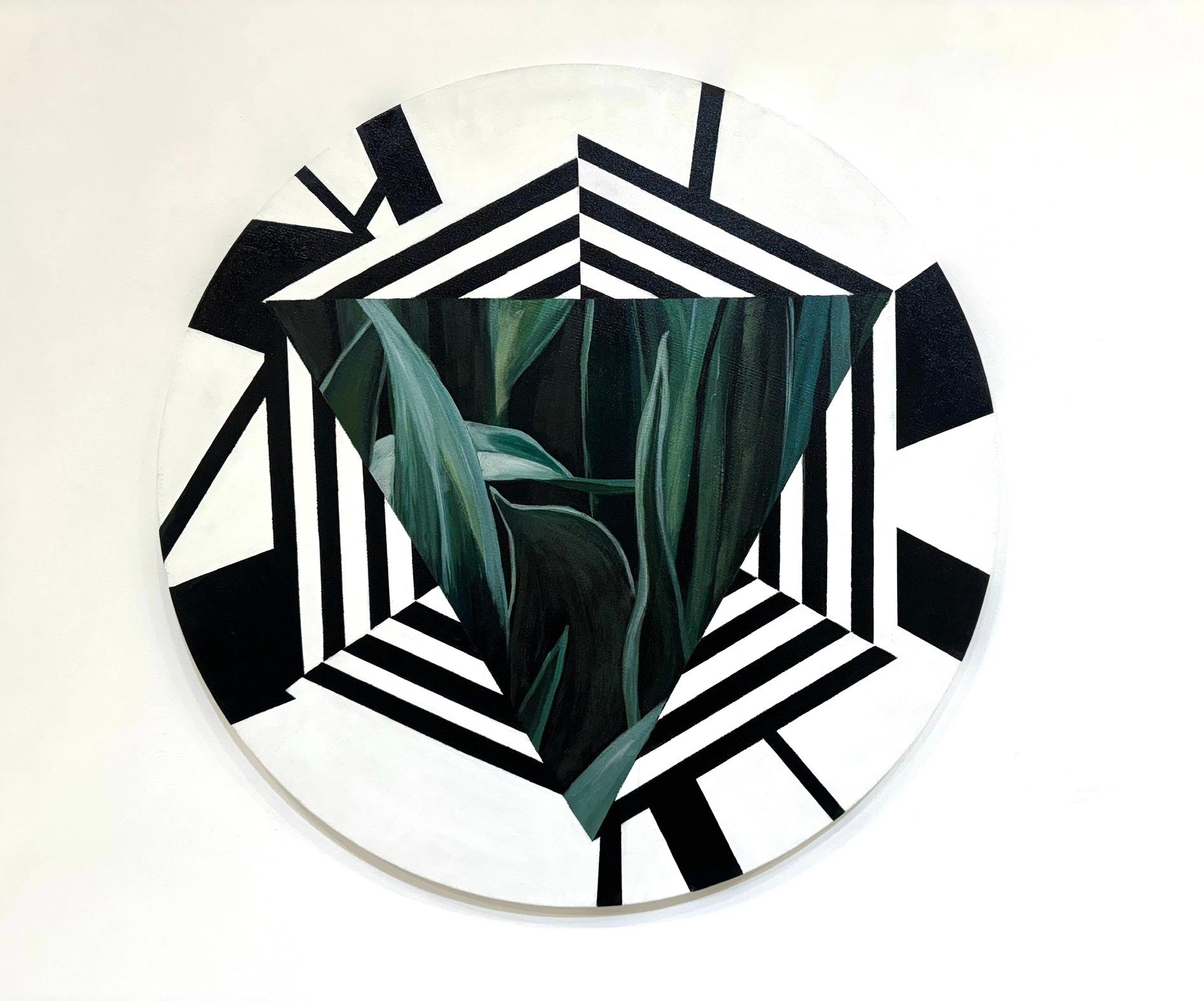 Circular acrylic painting: floral and geometric greens - Gray Landscape Painting by Magaly Sanchez