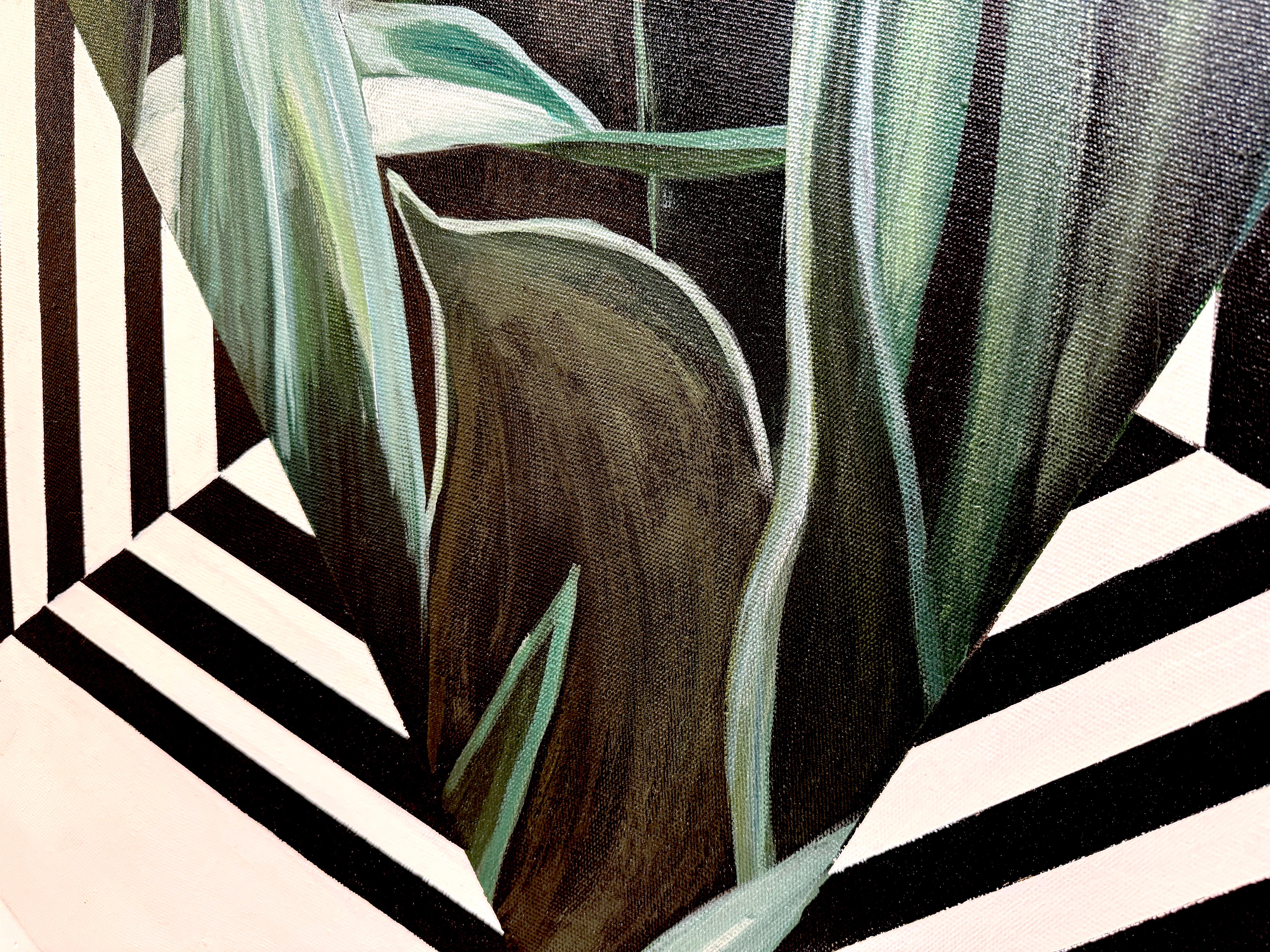 Sánchez’s world of plants, leaves, and flowers, inhabit a dense landscape of bright colors and sensual motifs. Sánchez combines these natural figurative settings with stripes and other geometric shapes. While seemingly at odds with each other, the