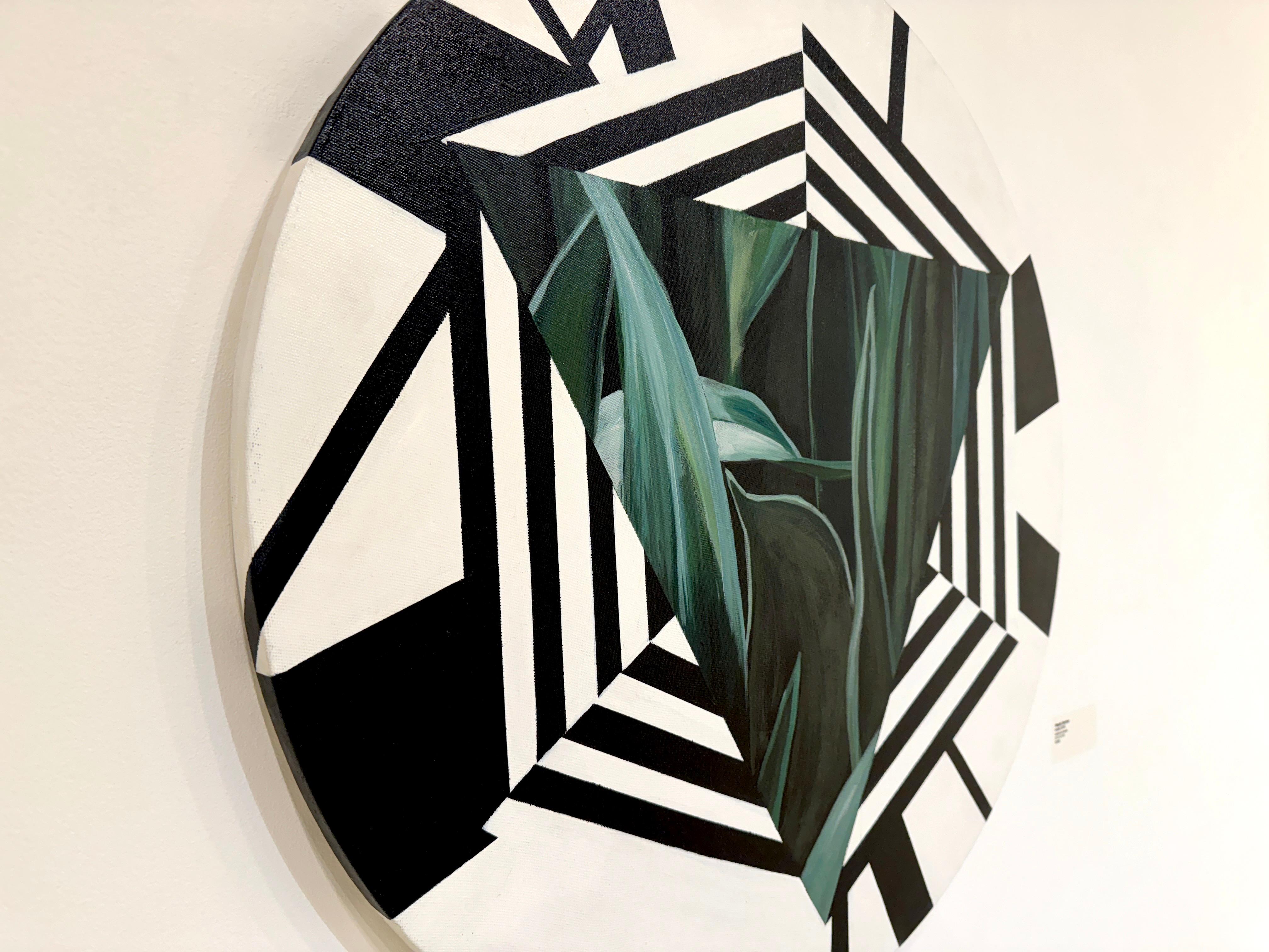 Circular acrylic painting: floral and geometric greens For Sale 1
