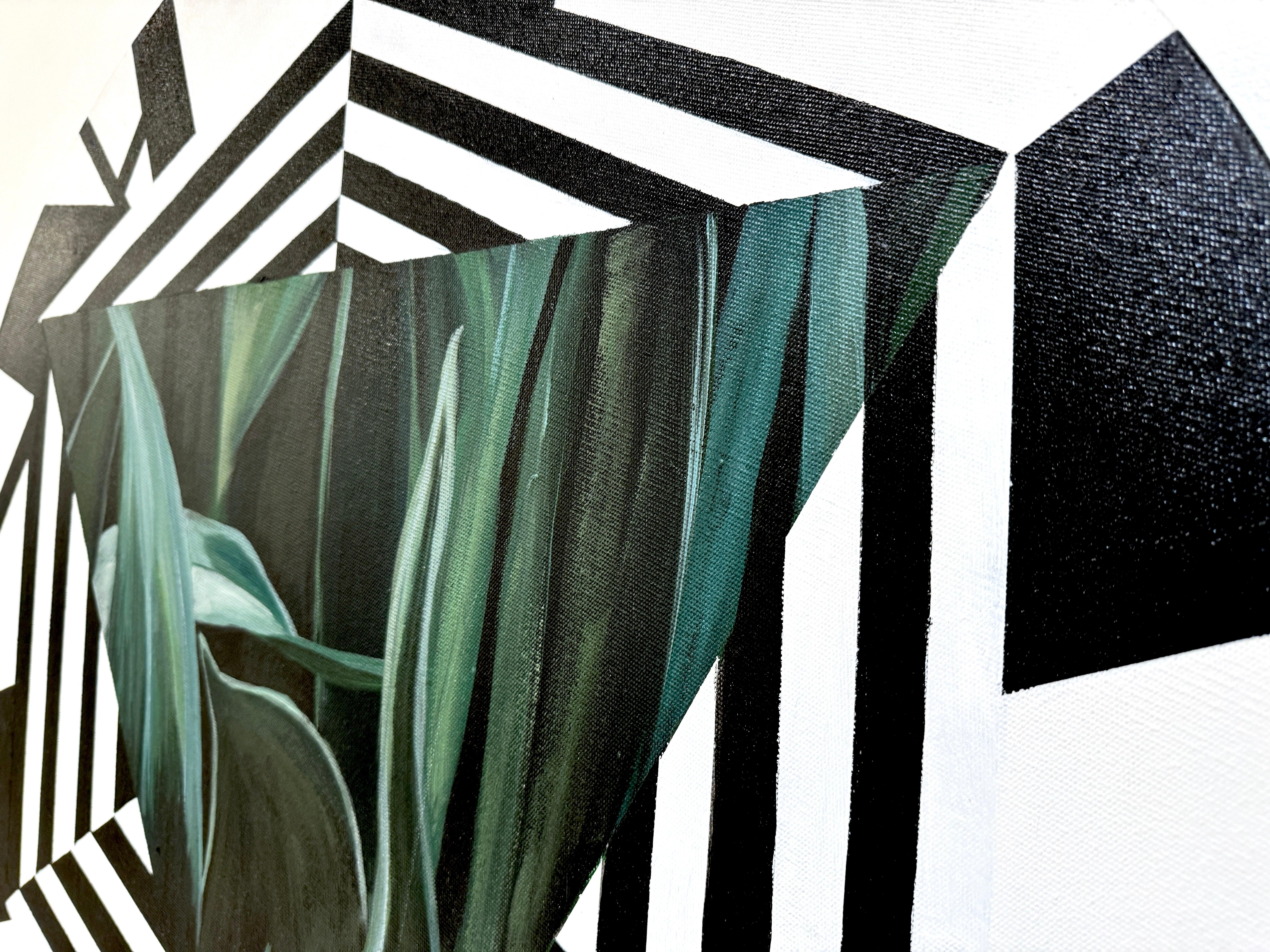 Circular acrylic painting: floral and geometric greens For Sale 2