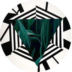 Pintura acrílica circular: verdes florales y geométricos