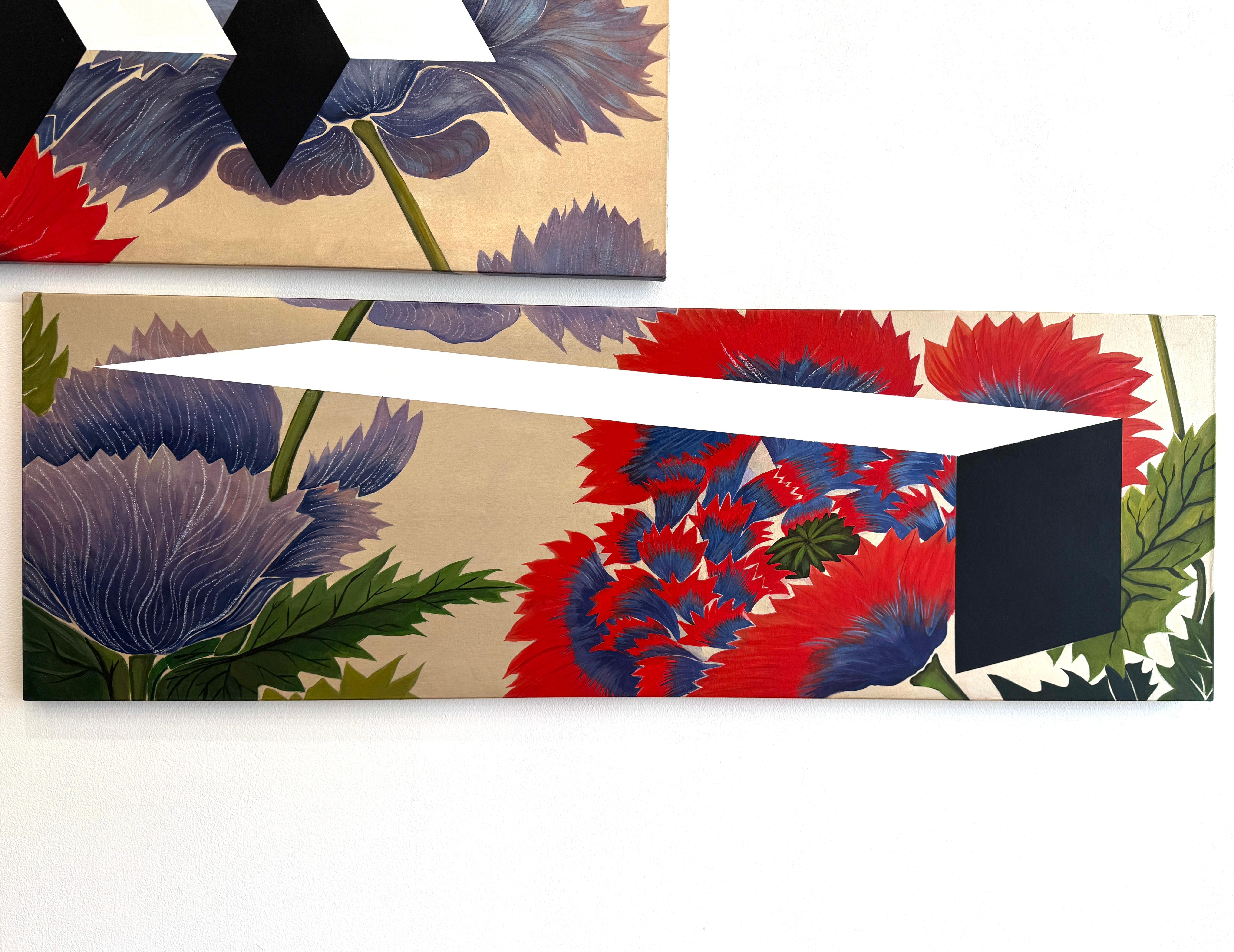 Pittura acrilica floreale e geometrica Dittico, rosso, viola, bianco, nero, 2019 in vendita 6