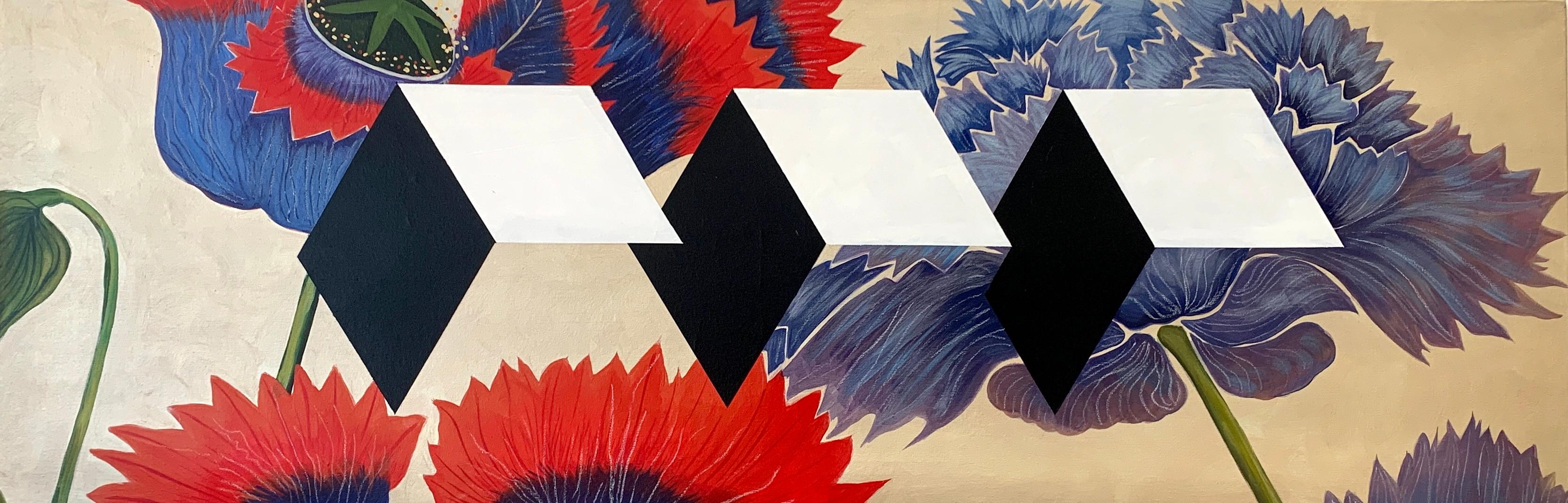 Pittura acrilica floreale e geometrica Dittico, rosso, viola, bianco, nero, 2019 in vendita 10