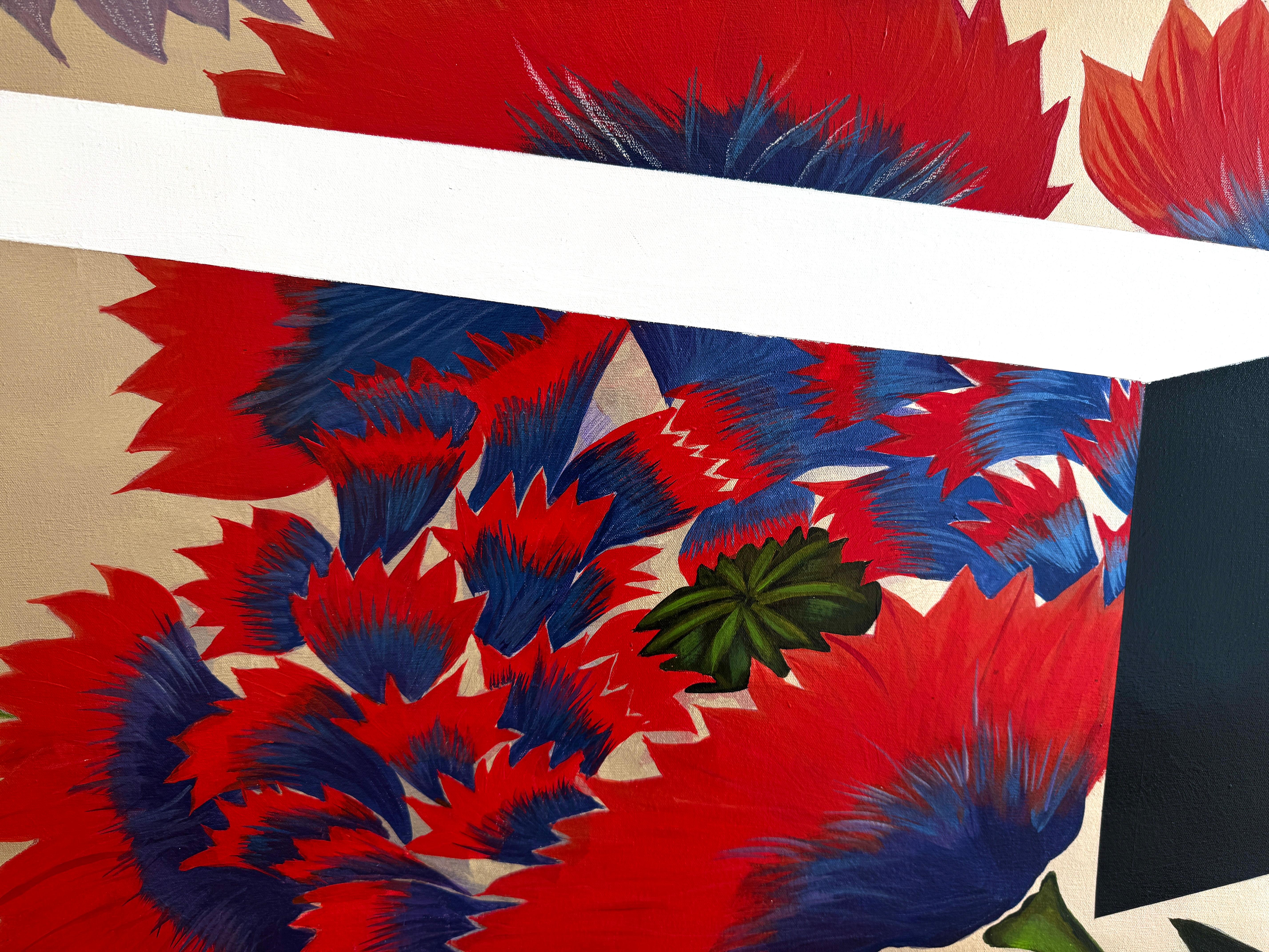 Pittura acrilica floreale e geometrica Dittico, rosso, viola, bianco, nero, 2019 in vendita 2