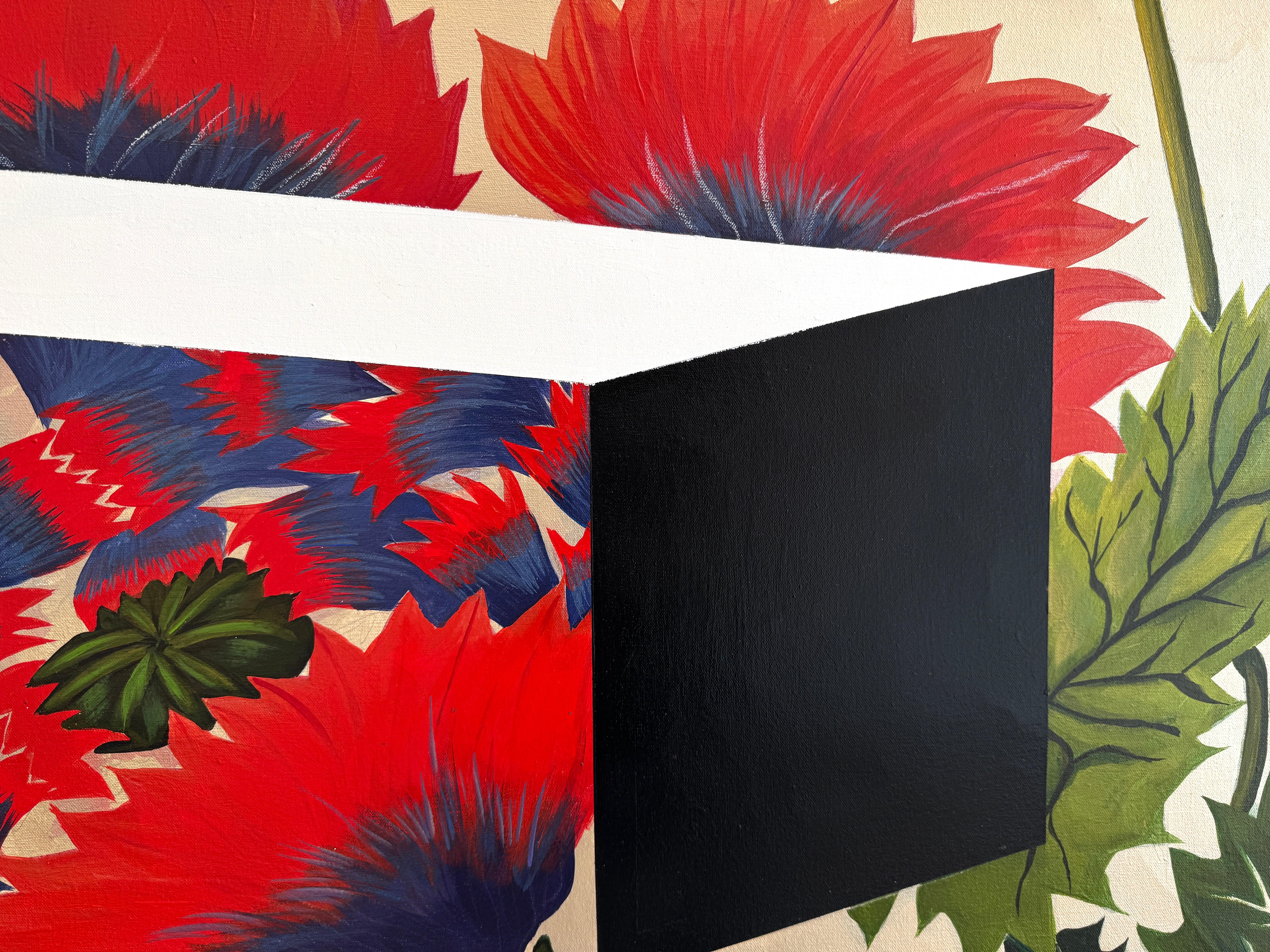 Pittura acrilica floreale e geometrica Dittico, rosso, viola, bianco, nero, 2019 in vendita 3