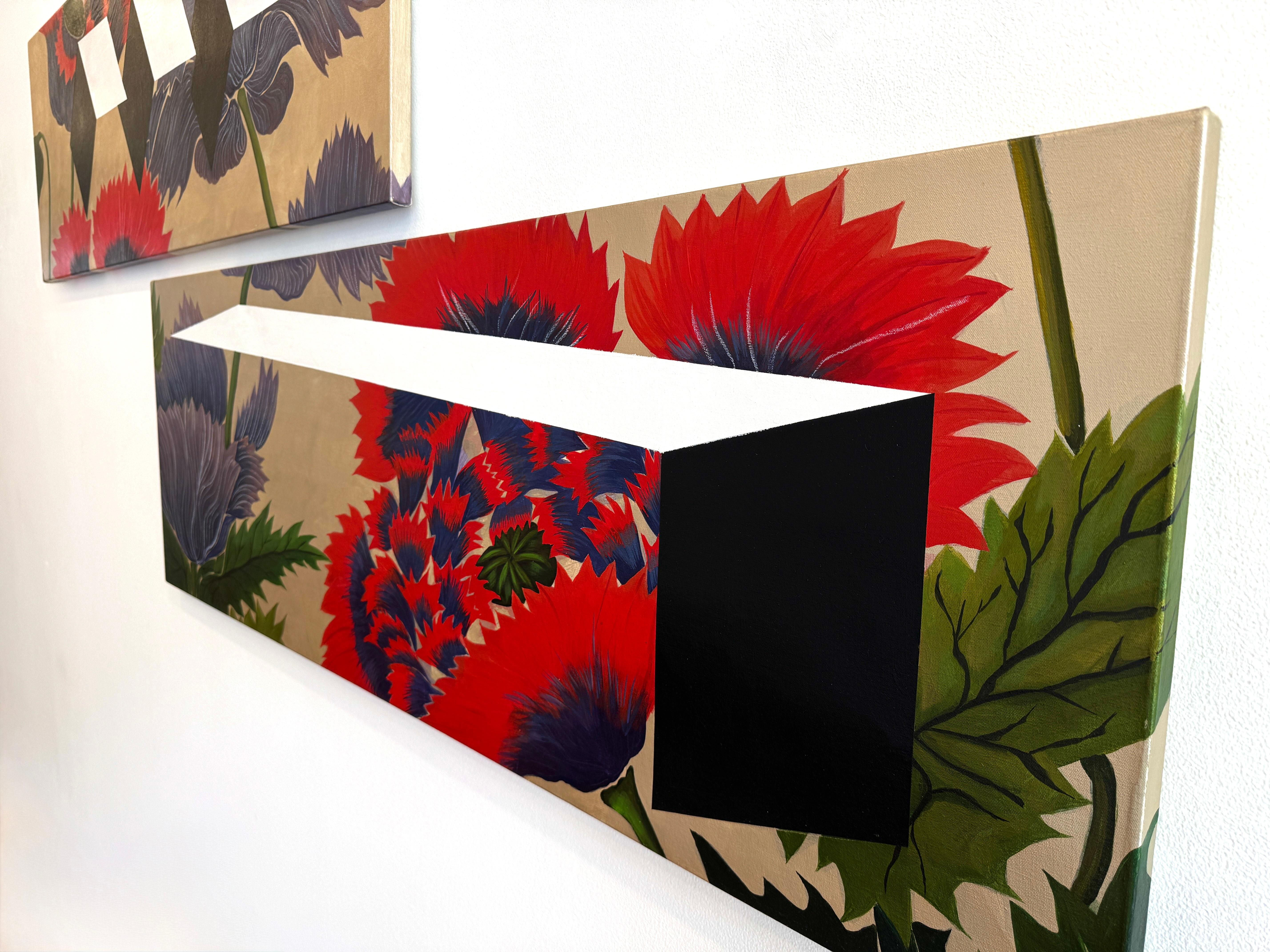 Pittura acrilica floreale e geometrica Dittico, rosso, viola, bianco, nero, 2019 in vendita 4