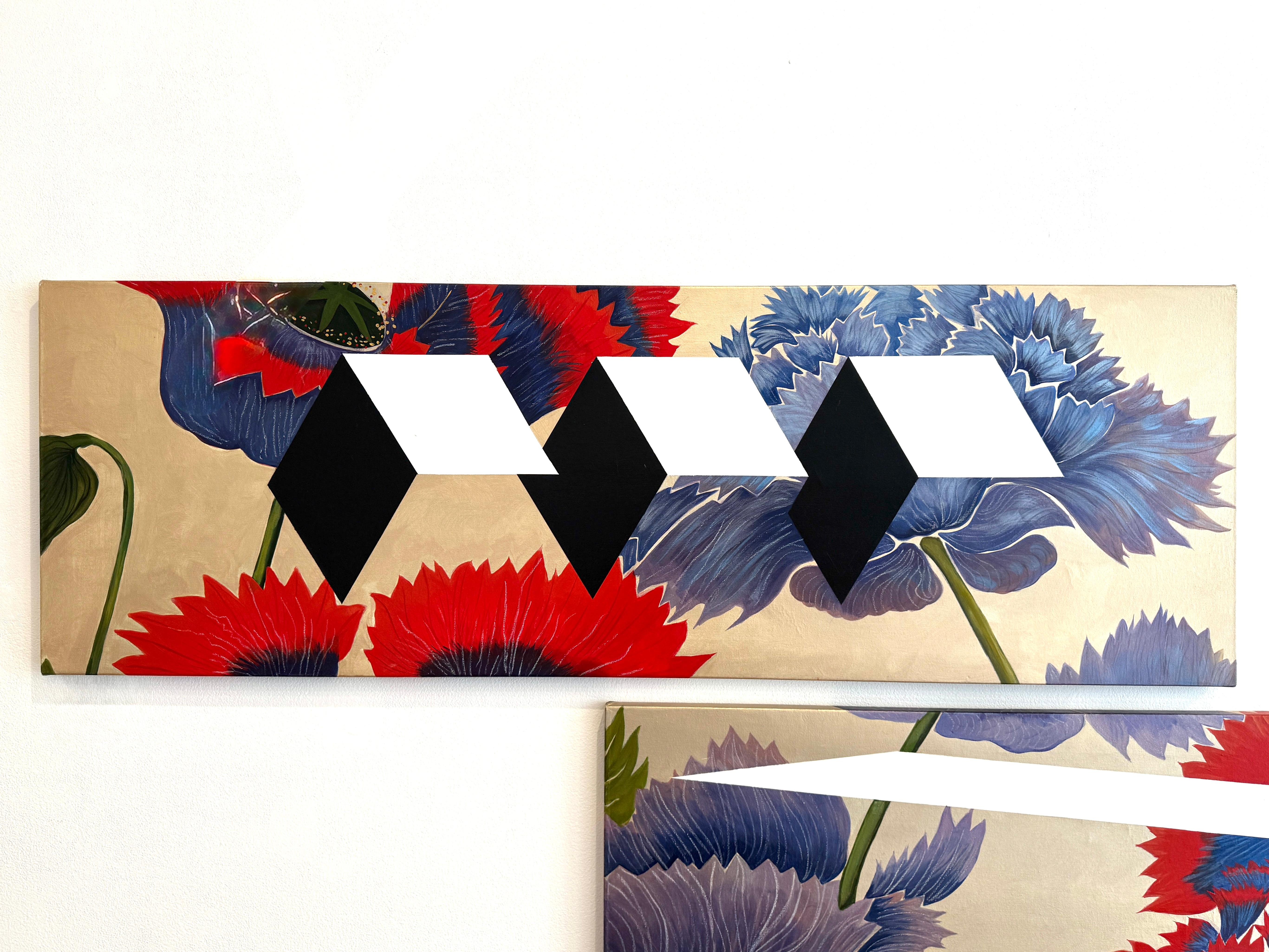 Pittura acrilica floreale e geometrica Dittico, rosso, viola, bianco, nero, 2019 in vendita 5
