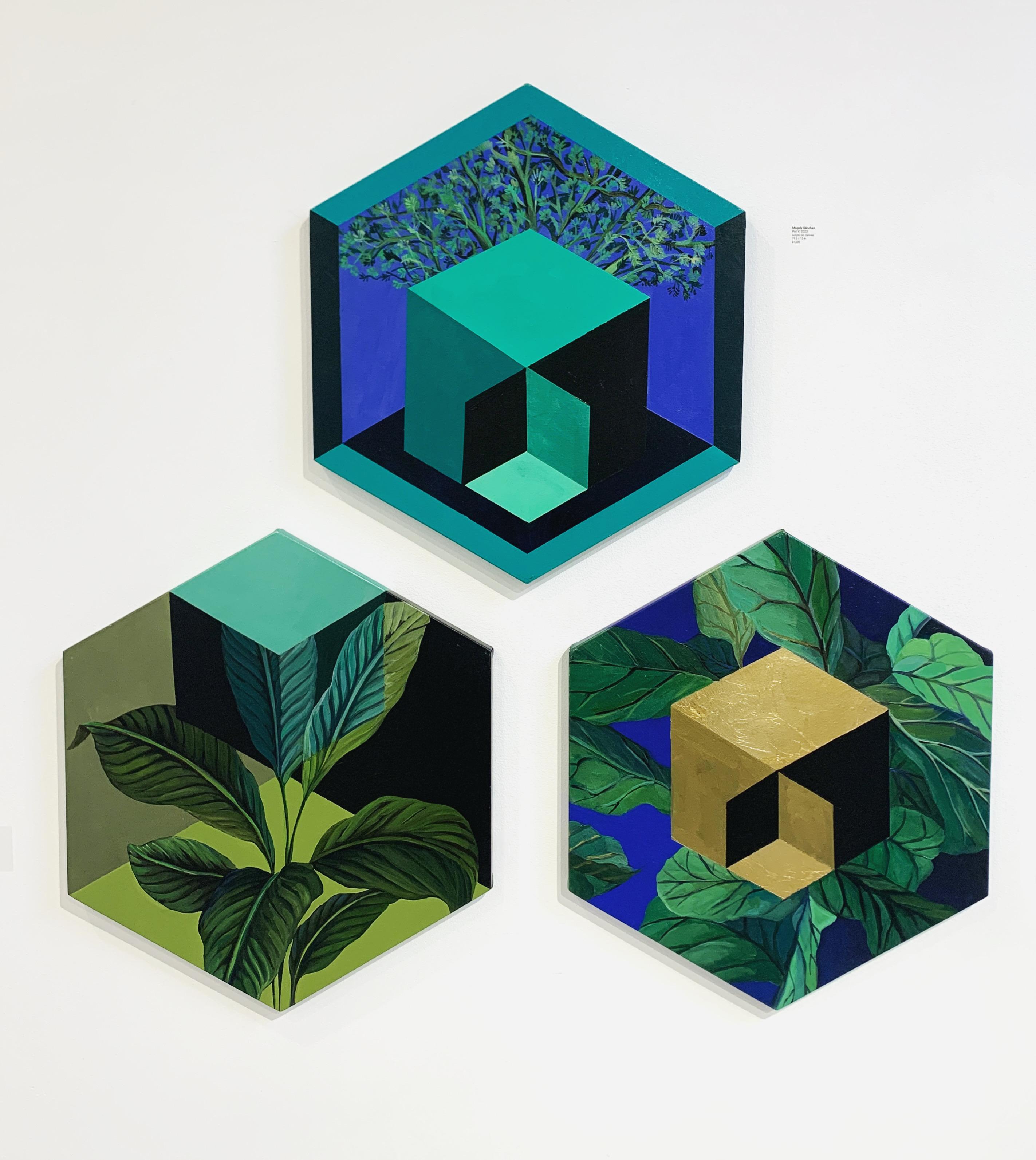 Pintura acrílica hexagonal: verdes florales y geométricos - Painting de Magaly Sanchez