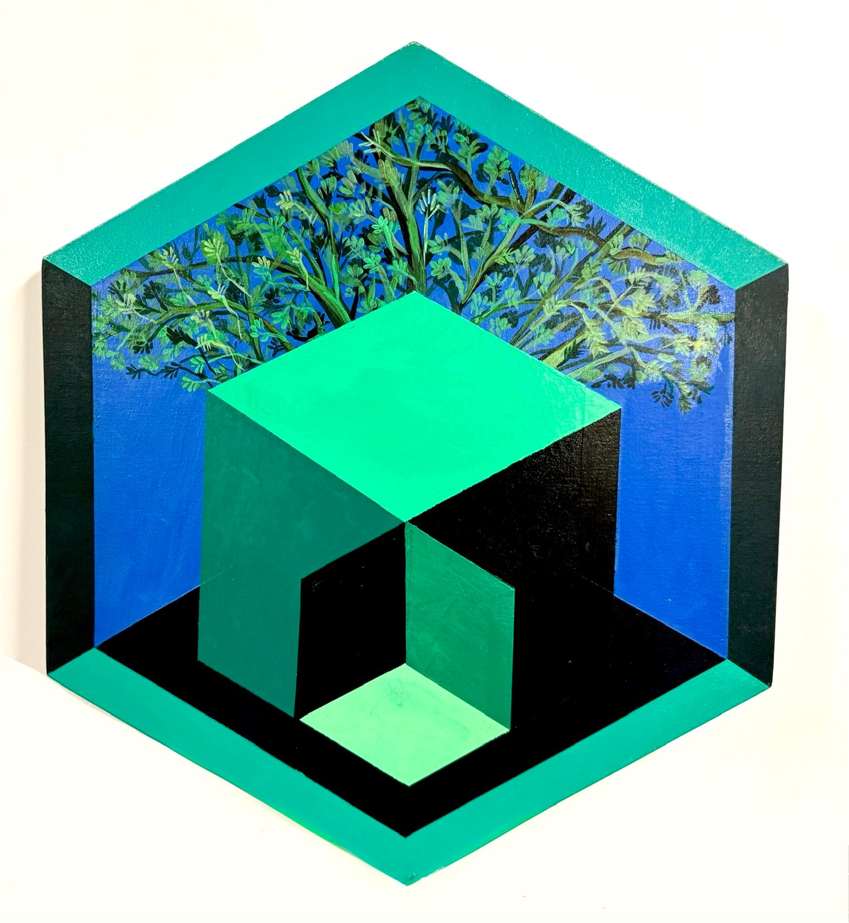 This hexagonal acrylic painting by Magaly Sánchez’s mixes the world of plants with geometry. The edges of the canvas are painted so there is no need for a frame. These little paintings are great on their own, or stacked.

Sánchez’s world of plants,
