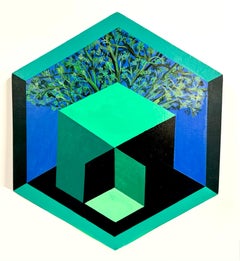 Acrylic Painting, Abstract Floral Geometric, Nature, Green, Blue, Hexagonal