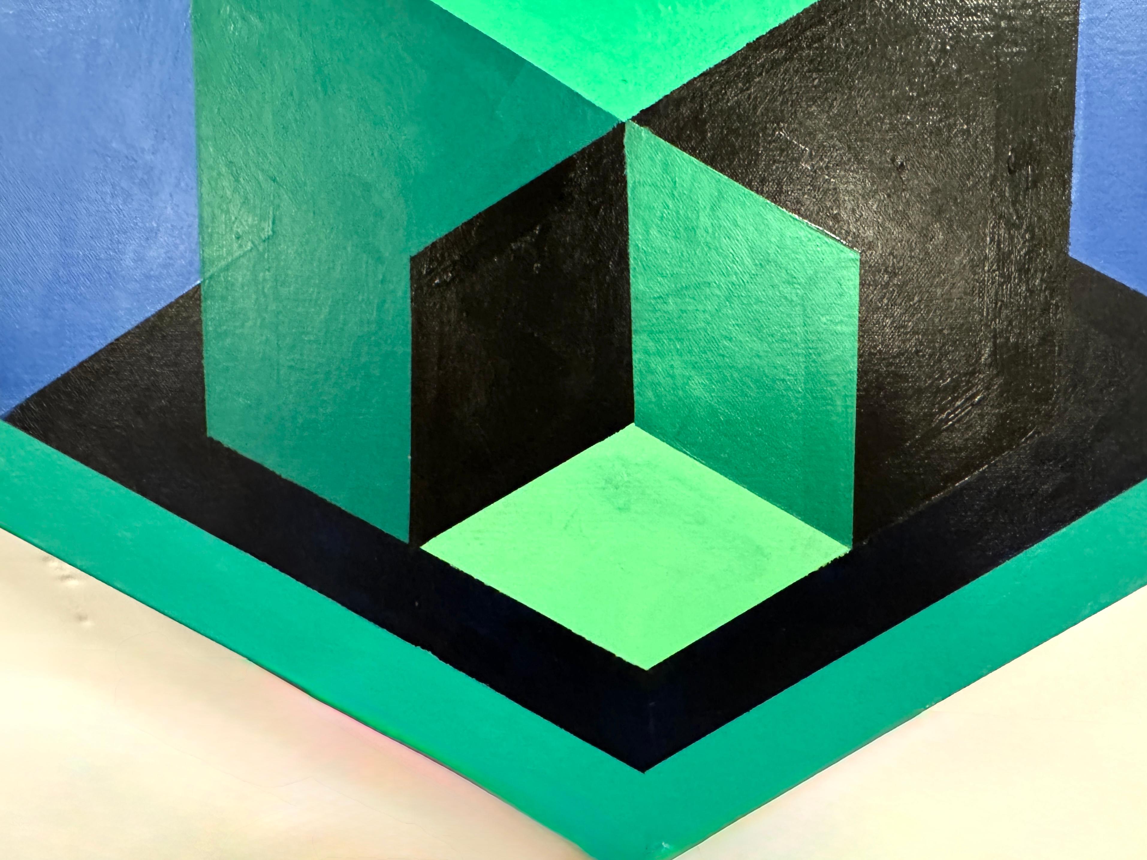 Acrylic Painting, Abstract Floral Geometric, Nature, Green, Blue, Hexagonal For Sale 1