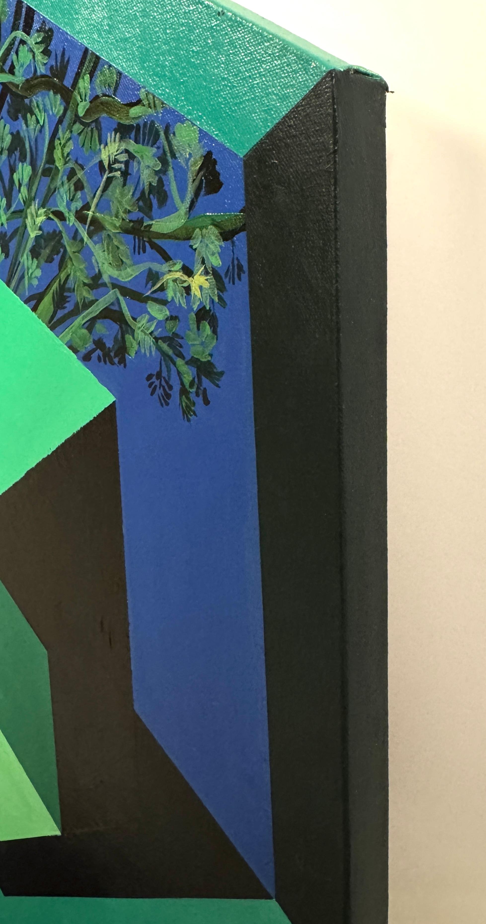 Acrylic Painting, Abstract Floral Geometric, Nature, Green, Blue, Hexagonal For Sale 2