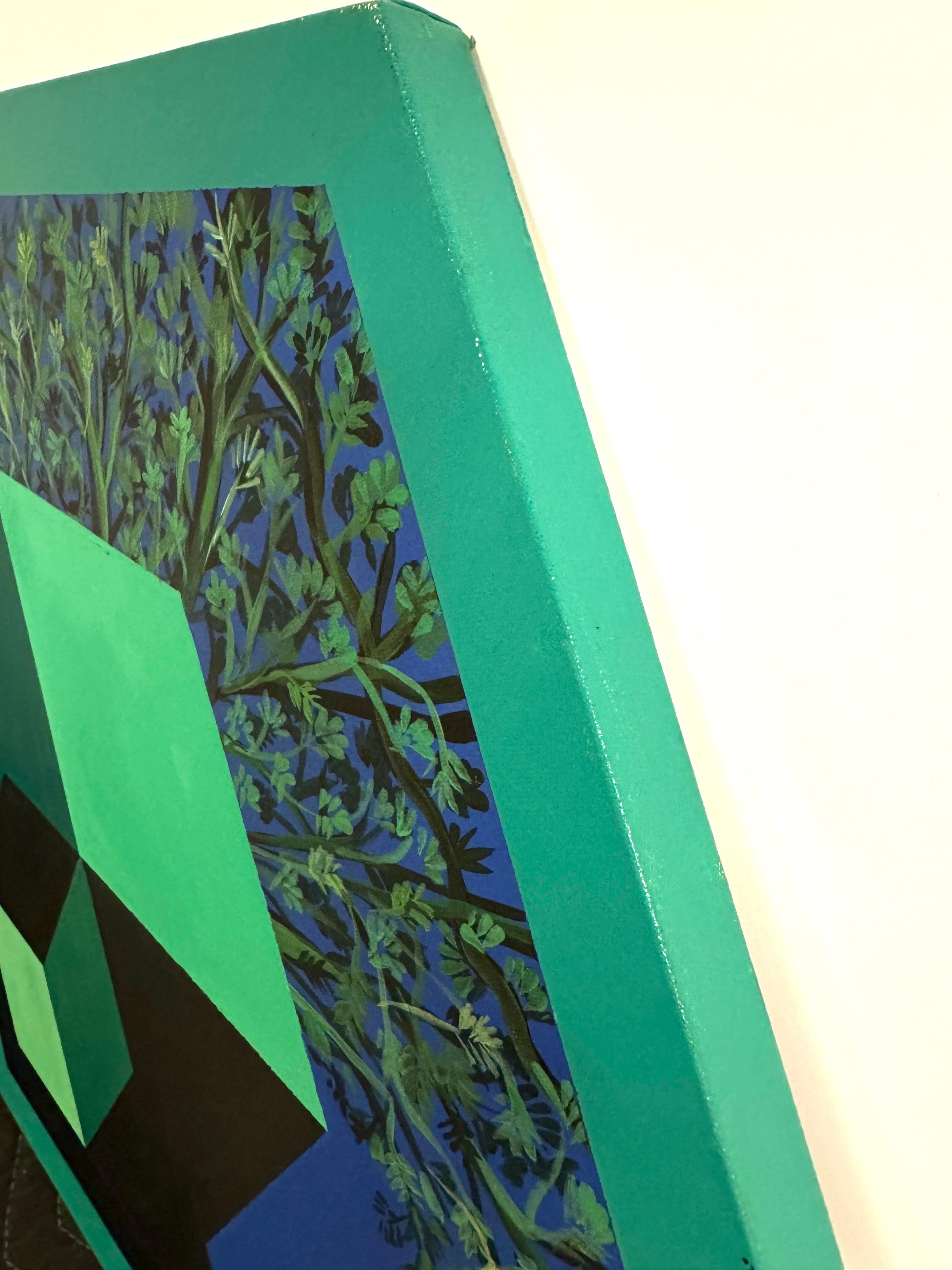 Acrylic Painting, Abstract Floral Geometric, Nature, Green, Blue, Hexagonal For Sale 3