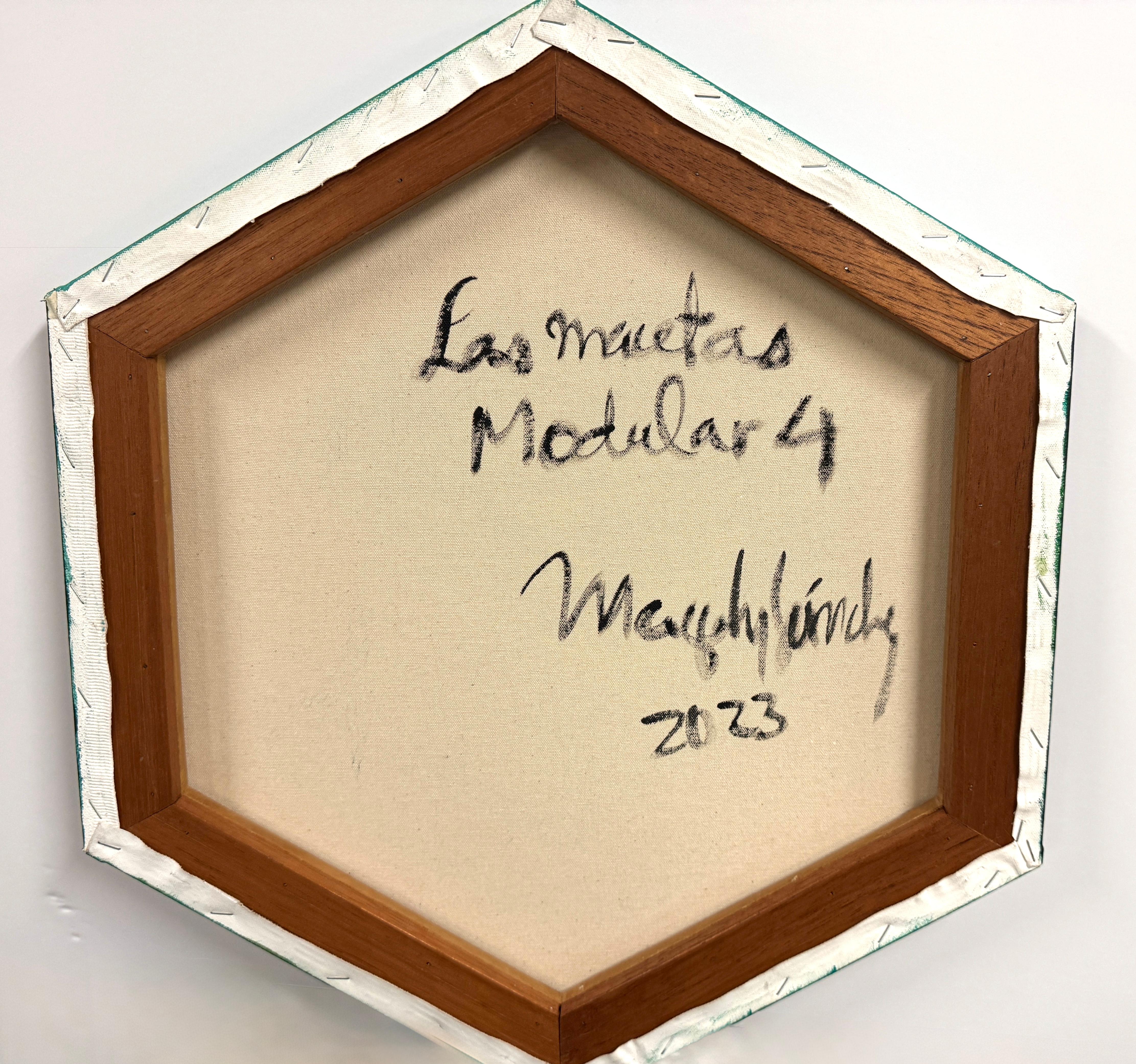 Acrylic Painting, Abstract Floral Geometric, Nature, Green, Blue, Hexagonal For Sale 4