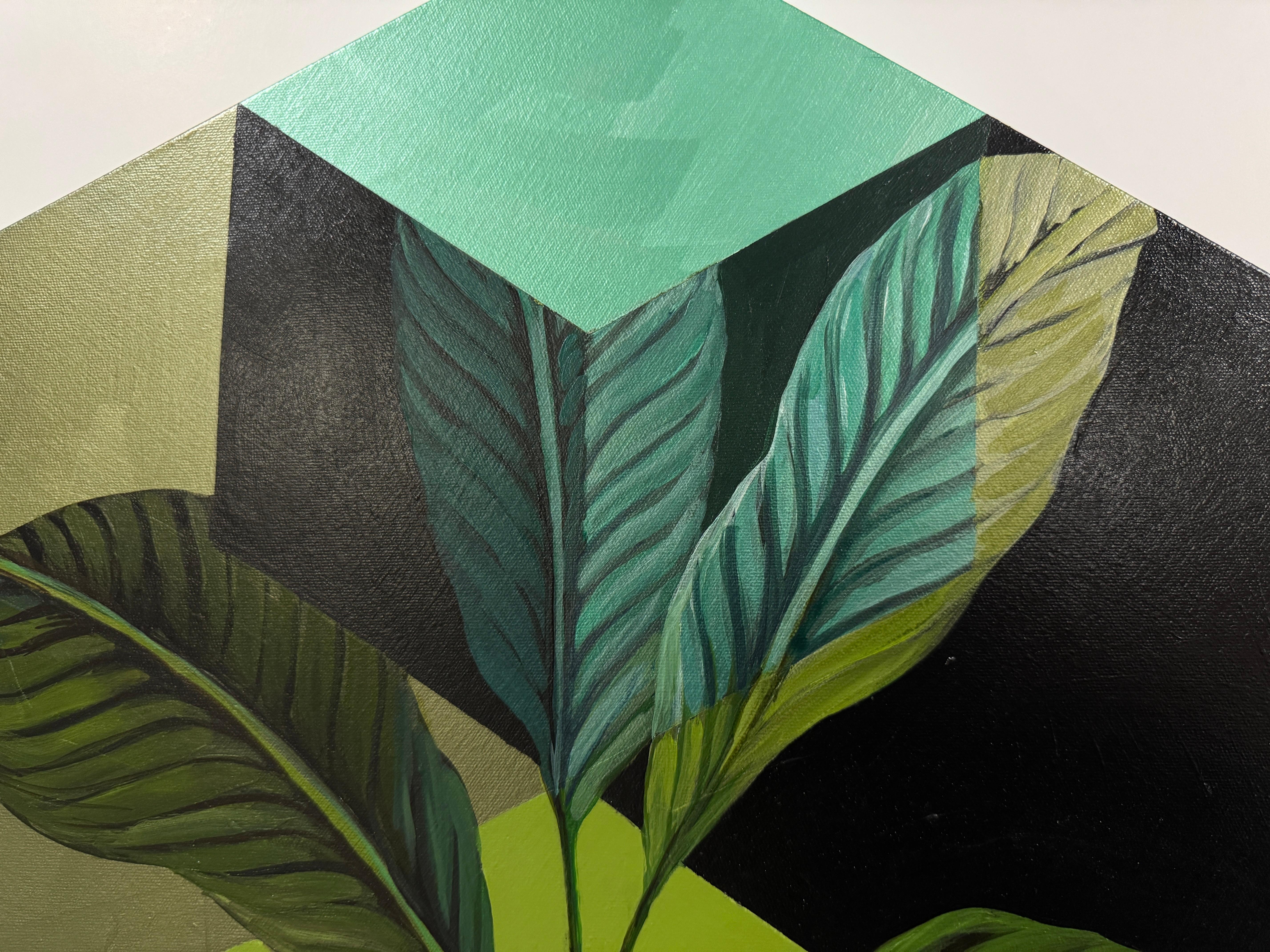 Hexagonal acrylic painting: plants, geometry, greens, 2023 For Sale 1