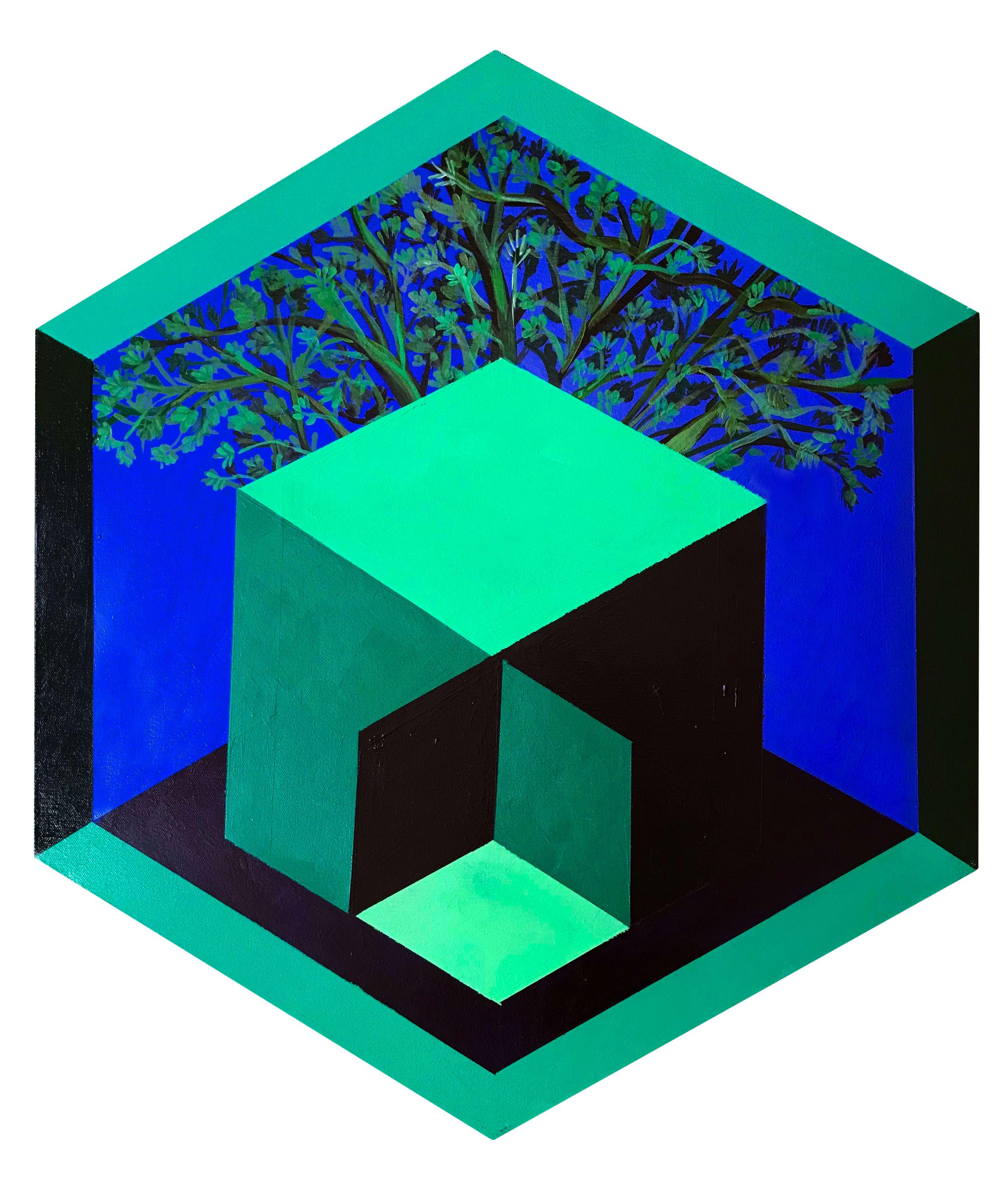 Landscape Painting de Magaly Sanchez - Pintura acrílica hexagonal: verdes florales y geométricos