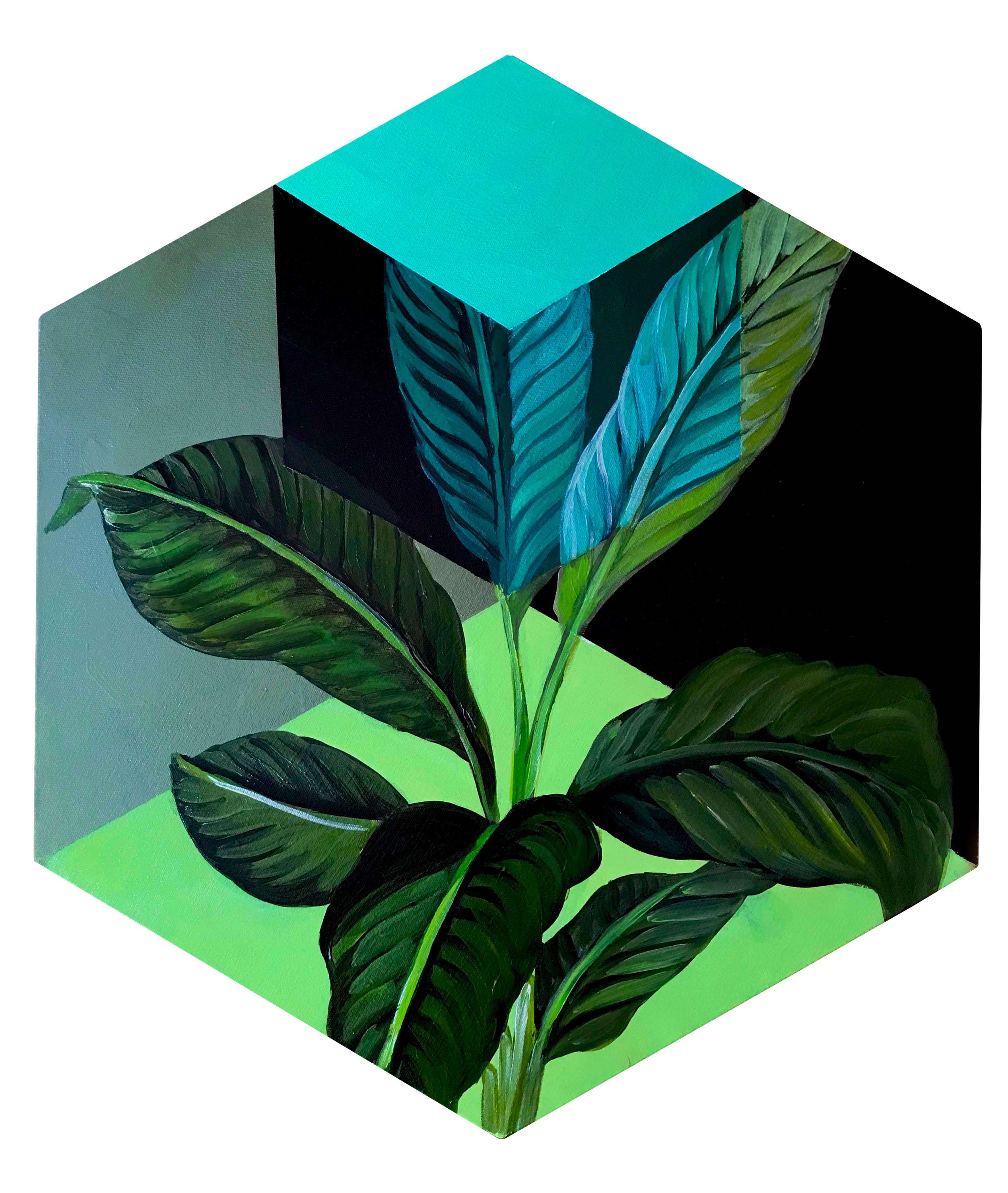 Sechseckiges Acrylgemälde: Blumen- und geometrische Grüntöne