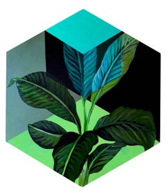 Pintura acrílica hexagonal: verdes florales y geométricos