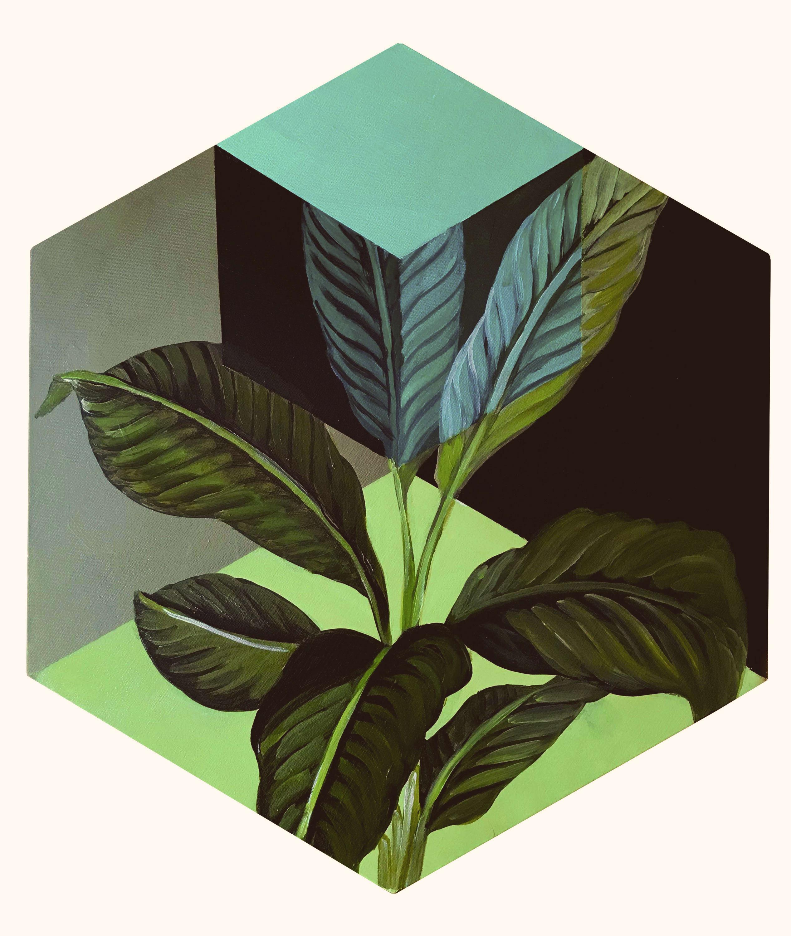 Magaly Sanchez Abstract Painting - Hexagonal acrylic painting: plants, geometry, greens, 2023