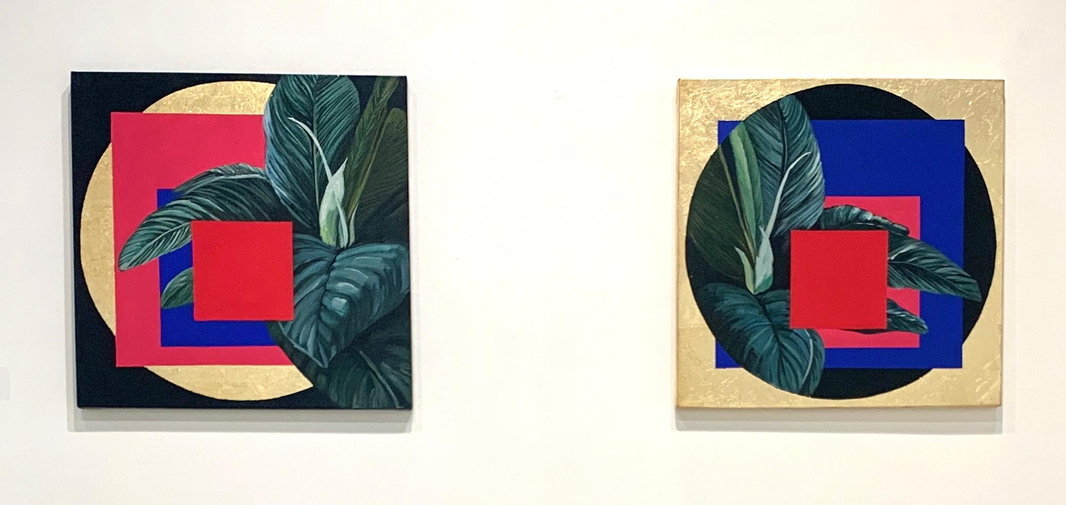 Quadratisches Acrylgemälde: „Albers on My Mind“ -- Floral und geometrisch (Gold), Abstract Painting, von Magaly Sanchez