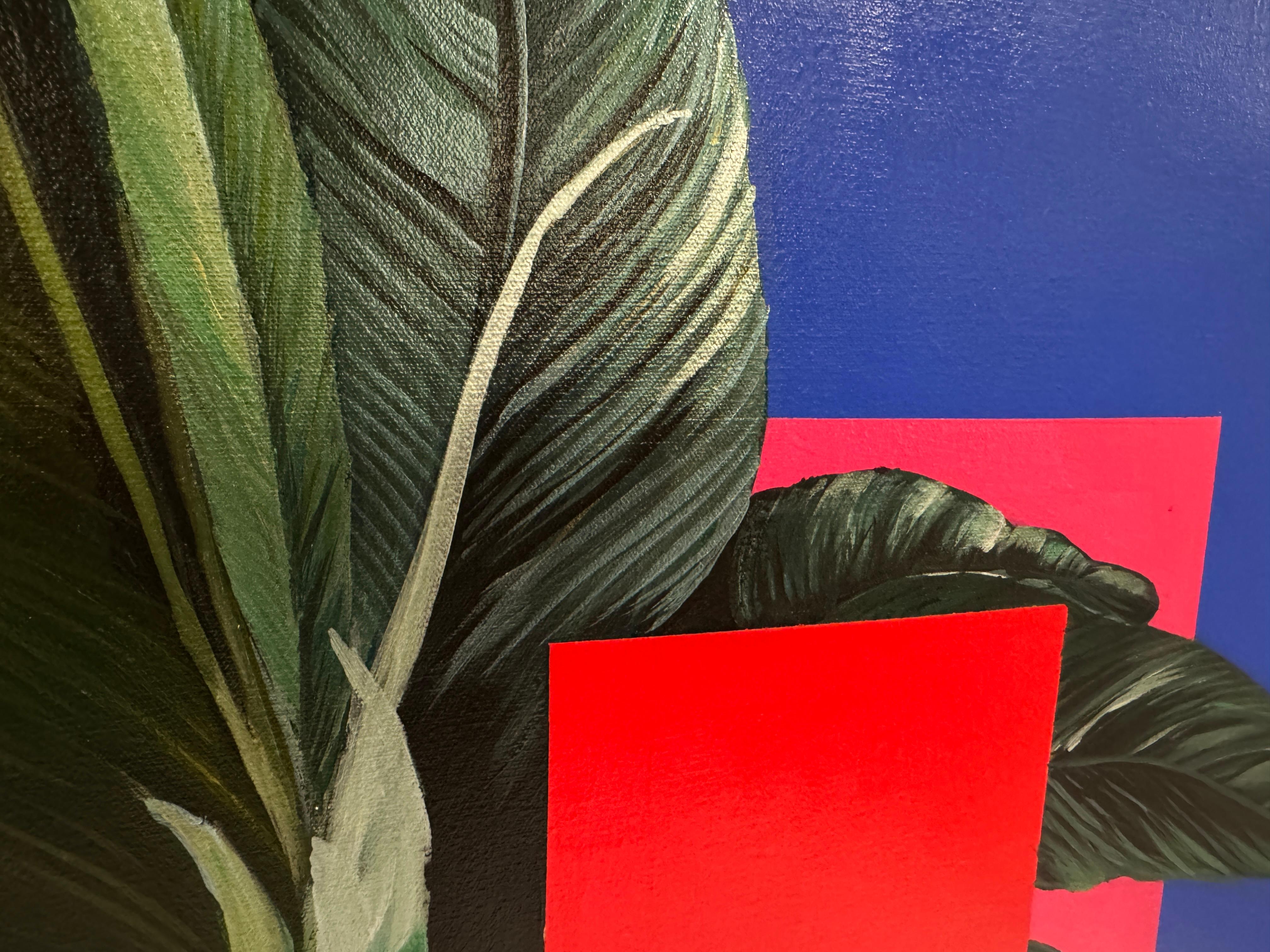 Acrylic Painting, Floral, Geometric, Figurative Plants, Gold Leaf, Red, Blue For Sale 1