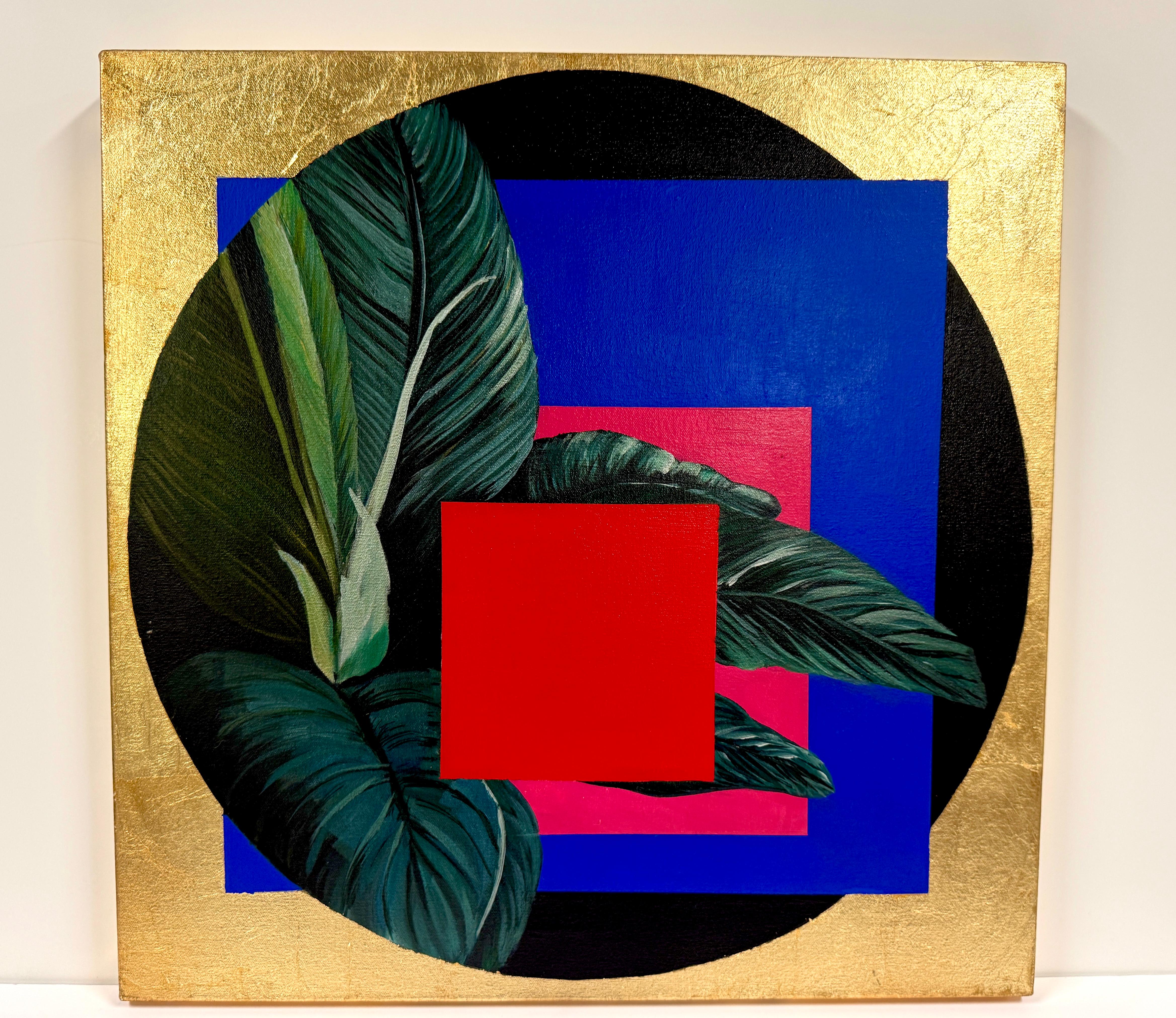 Acrylic Painting, Floral, Geometric, Figurative Plants, Gold Leaf, Red, Blue For Sale 2