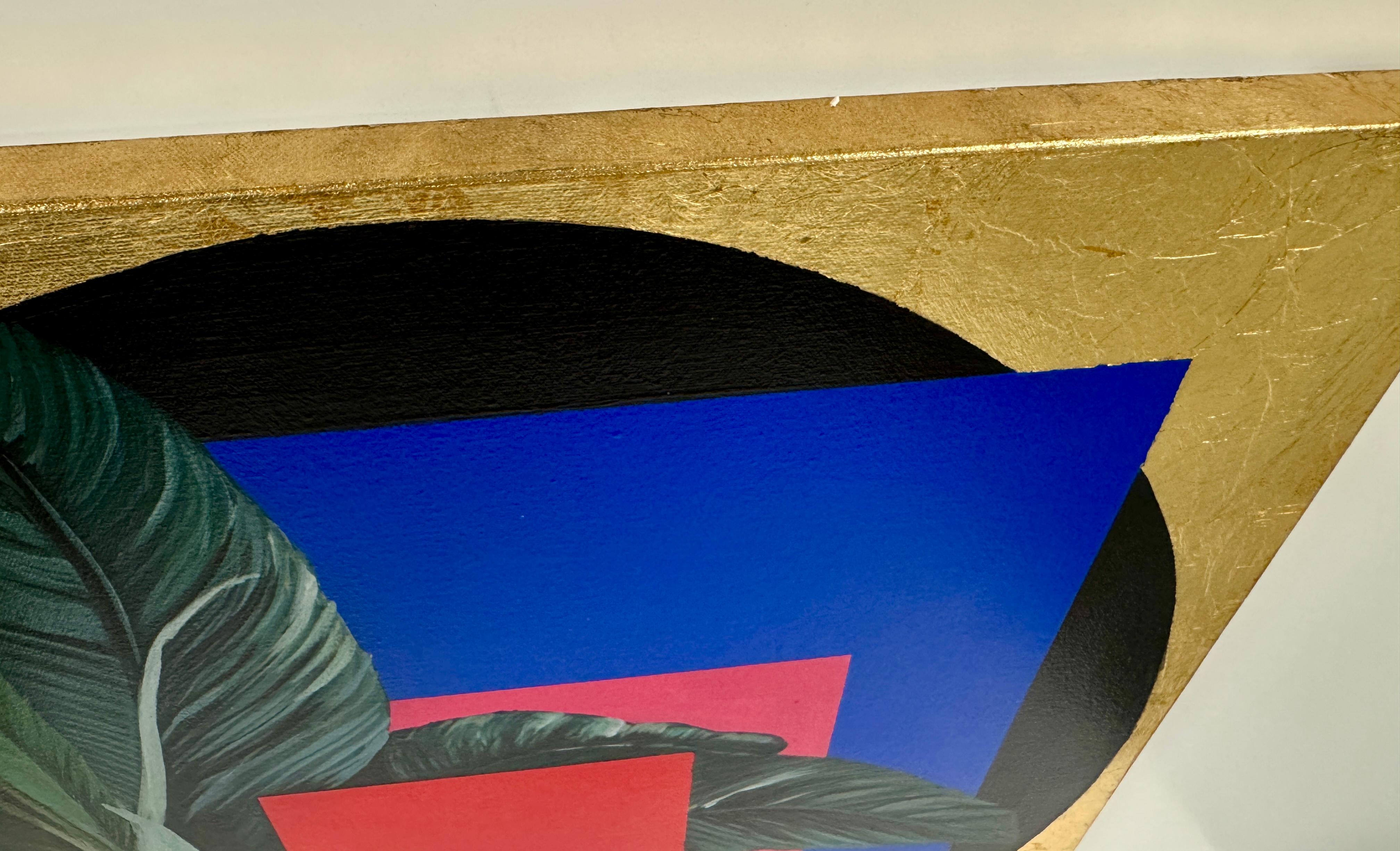 Acrylic Painting, Floral, Geometric, Figurative Plants, Gold Leaf, Red, Blue For Sale 4