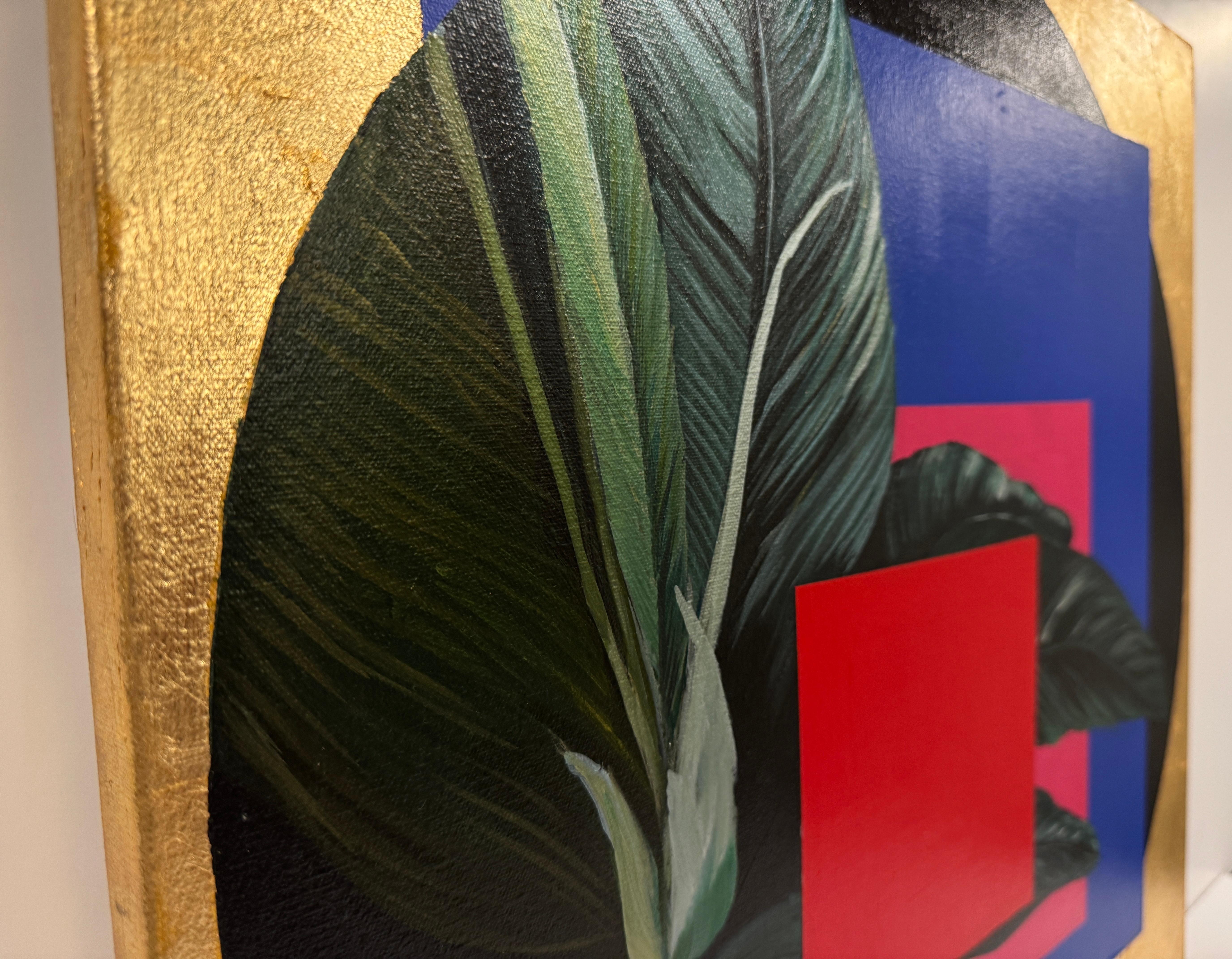 Acrylic Painting, Floral, Geometric, Figurative Plants, Gold Leaf, Red, Blue For Sale 5