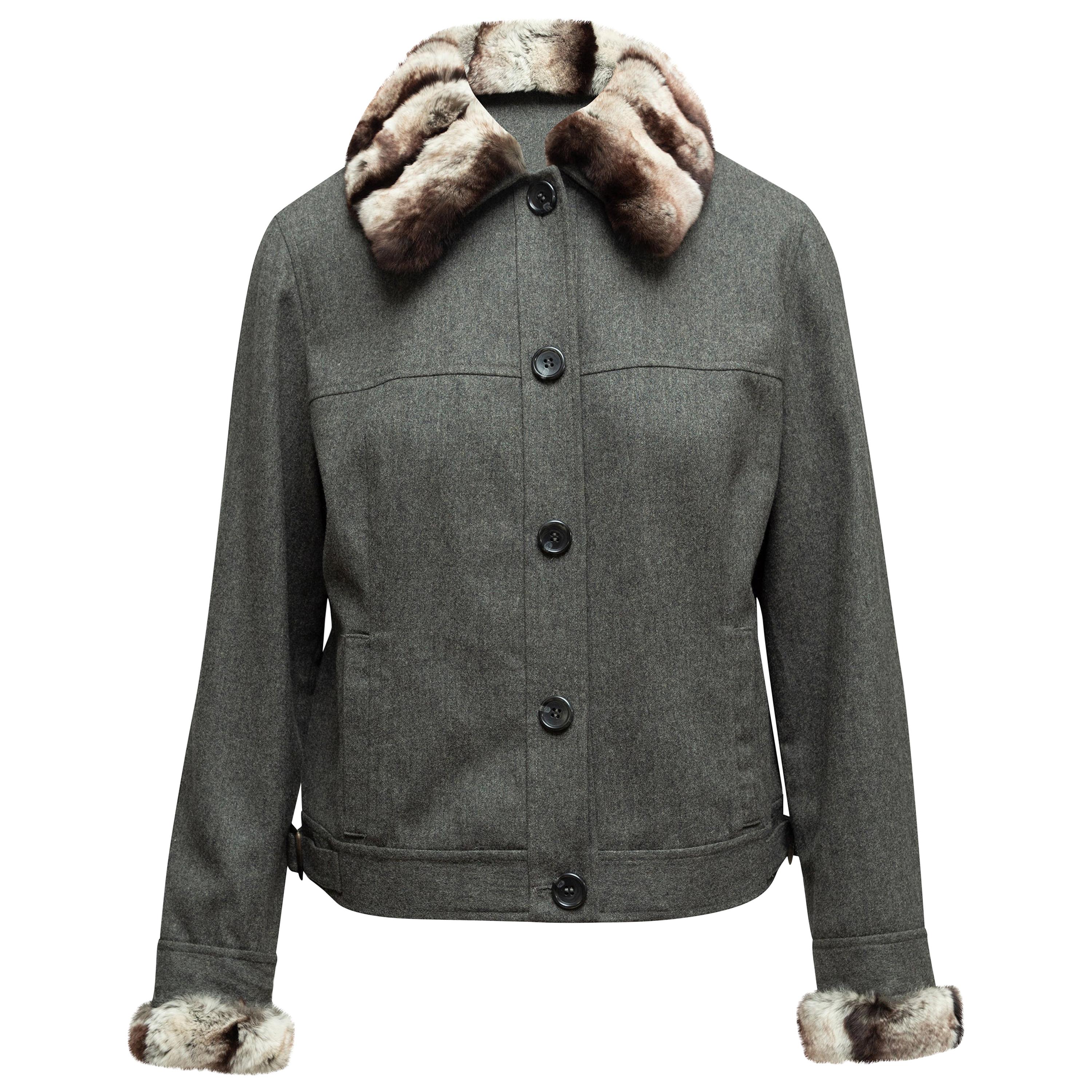 Magaschoni Grey Cashmere & Wool Fur-Trimmed Jacket