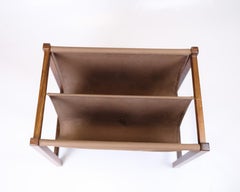 Magazine Holder In Rosewood & Brown Canvas, Danish Design From 1960s
