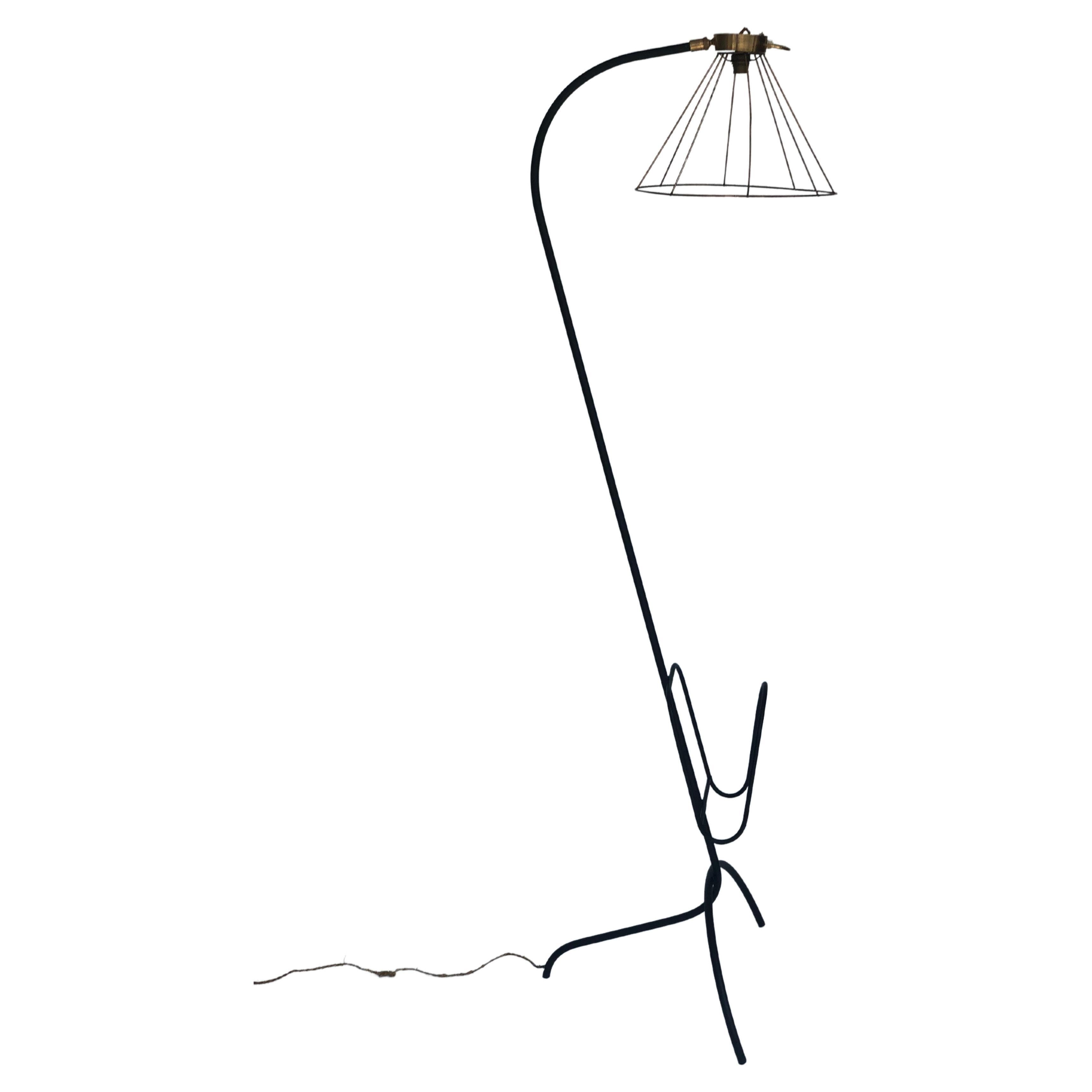 Magazine Holder Lamp in Wrought Iron and Brass, Exposed Bulb 1960