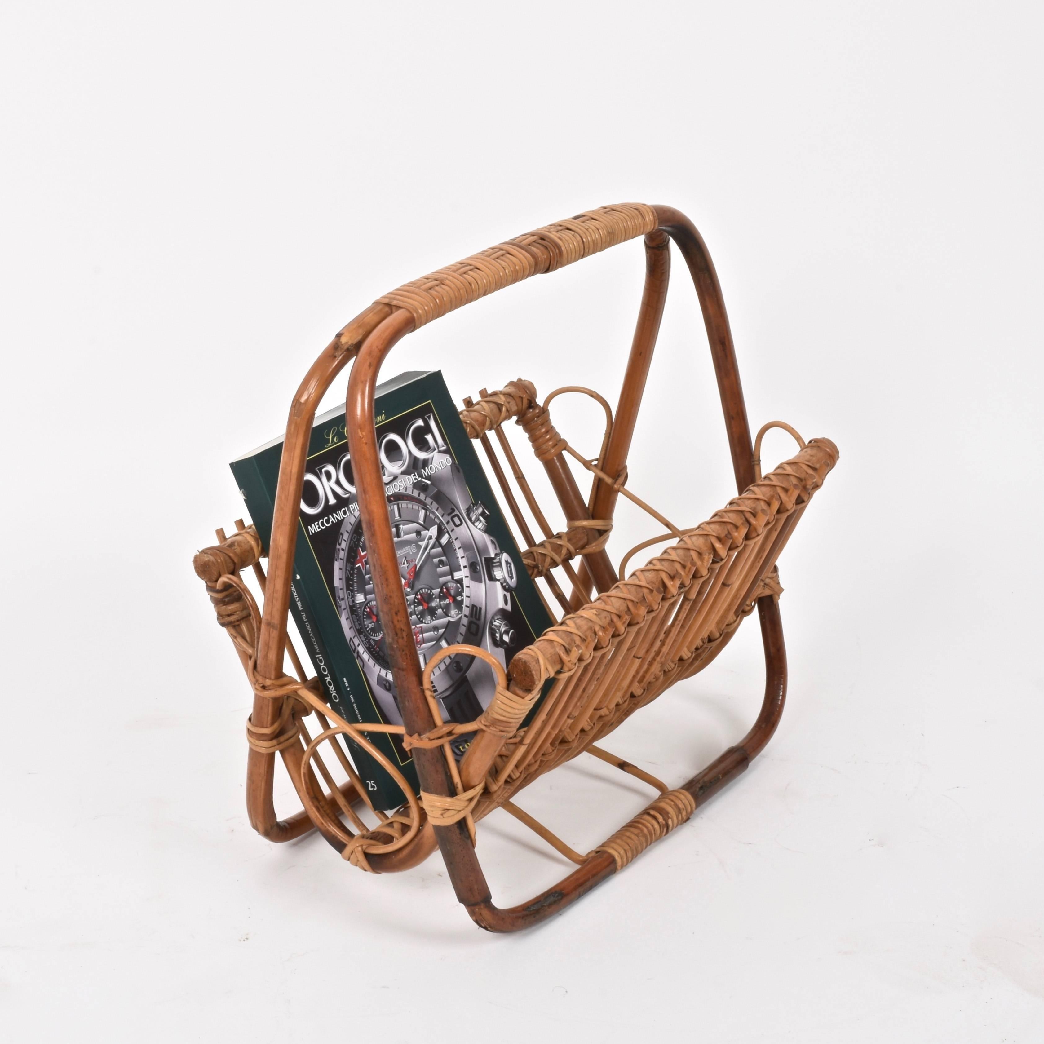 Midcentury French riviera bamboo and rattan magazine rack.

This amazing item was produced in Italy during the 1960s.

This piece is perfect for a midcentury-style library or a studio.