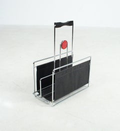 Magazine Rack by Artist Erik Höglund, chrome, leather, artglass, Sweden 1960s