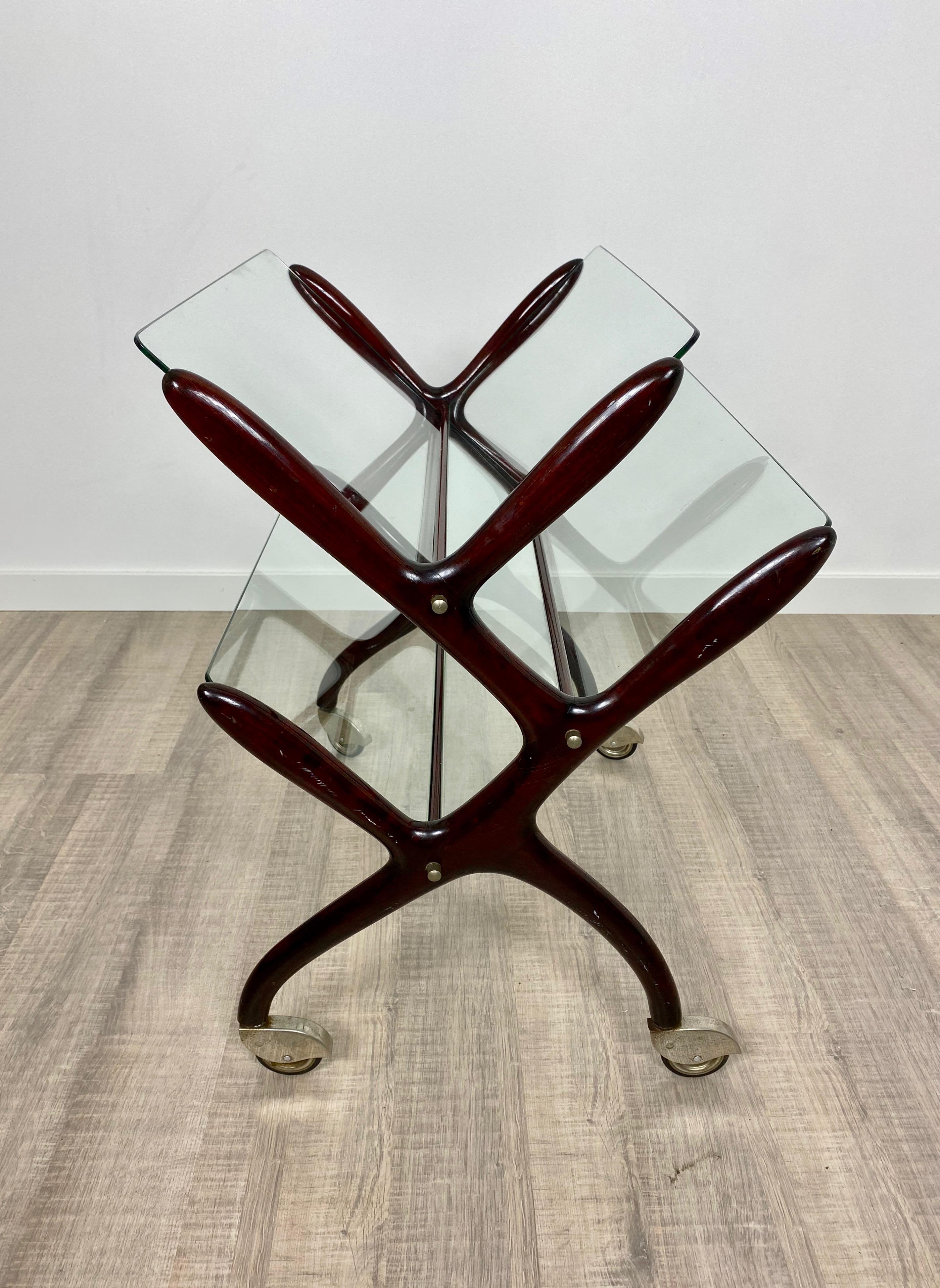 Mid-Century Modern Magazine Rack Cart by Cesare Lacca, Wood and Glass, Italy, 1950s