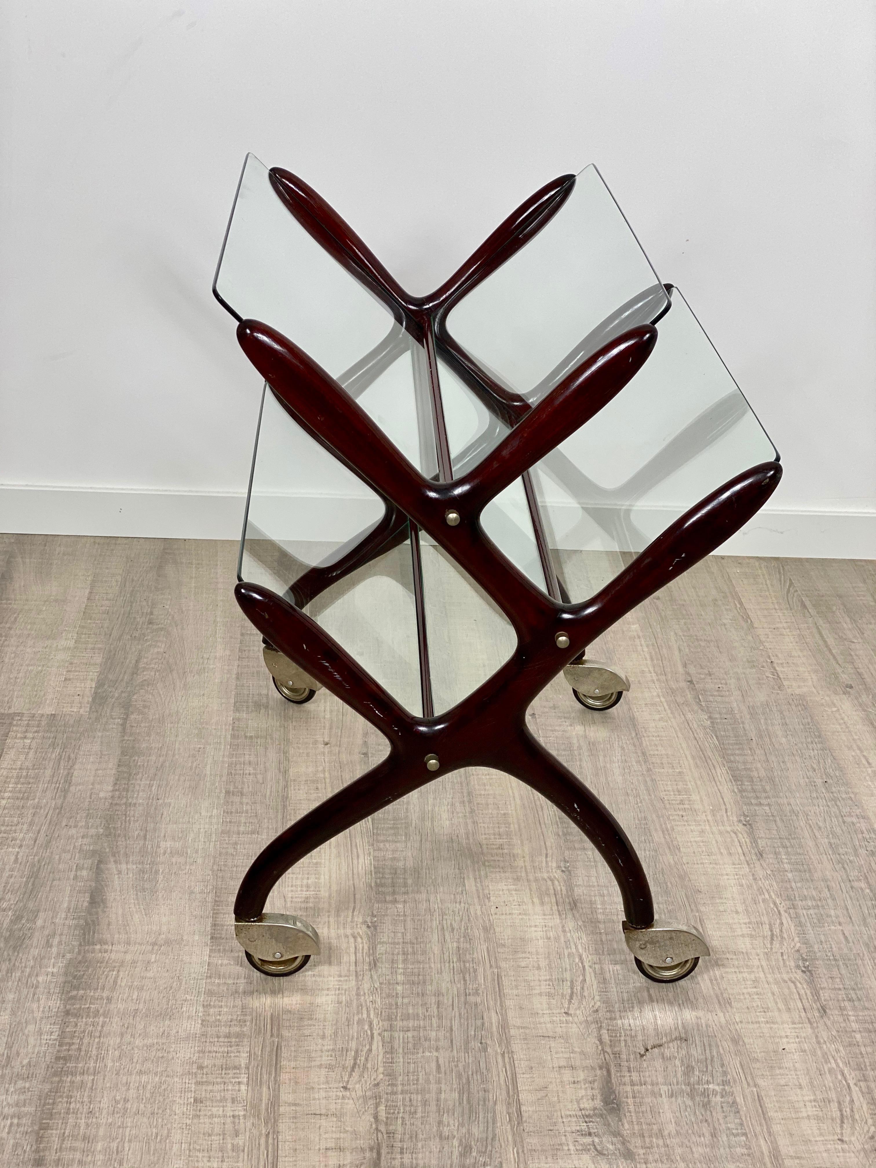 Italian Magazine Rack Cart by Cesare Lacca, Wood and Glass, Italy, 1950s