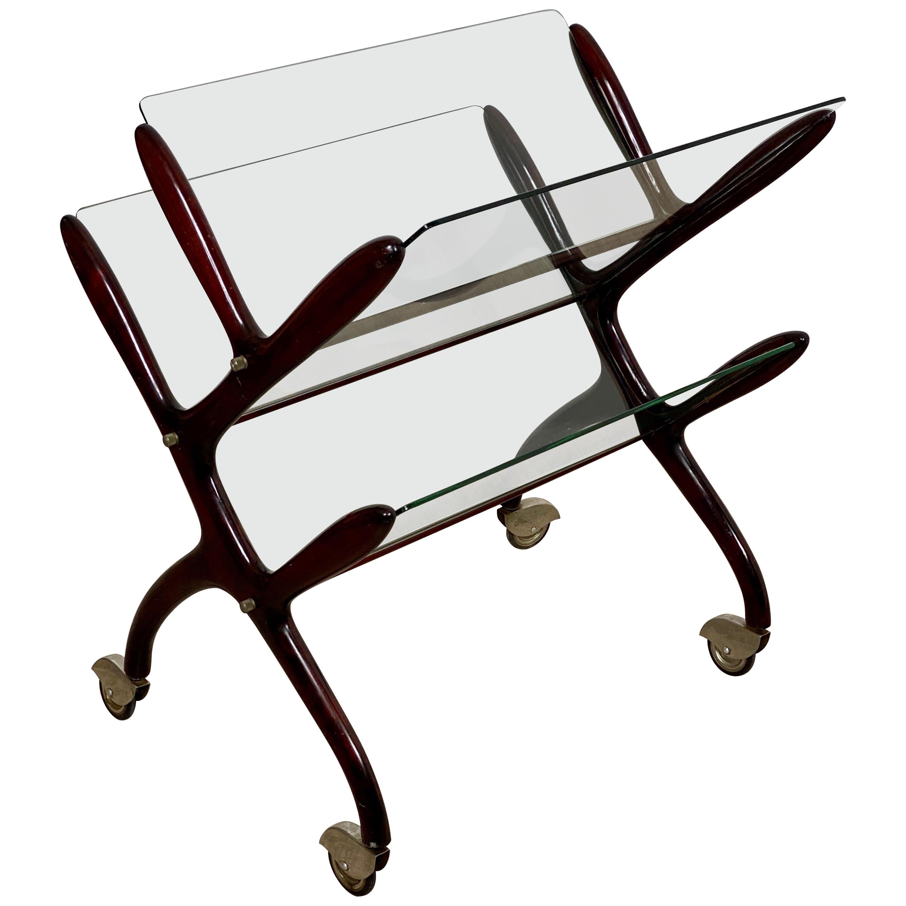 Magazine Rack Cart by Cesare Lacca, Wood and Glass, Italy, 1950s