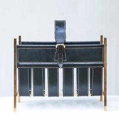 Magazine Rack Green Leather Attributed to Adnet