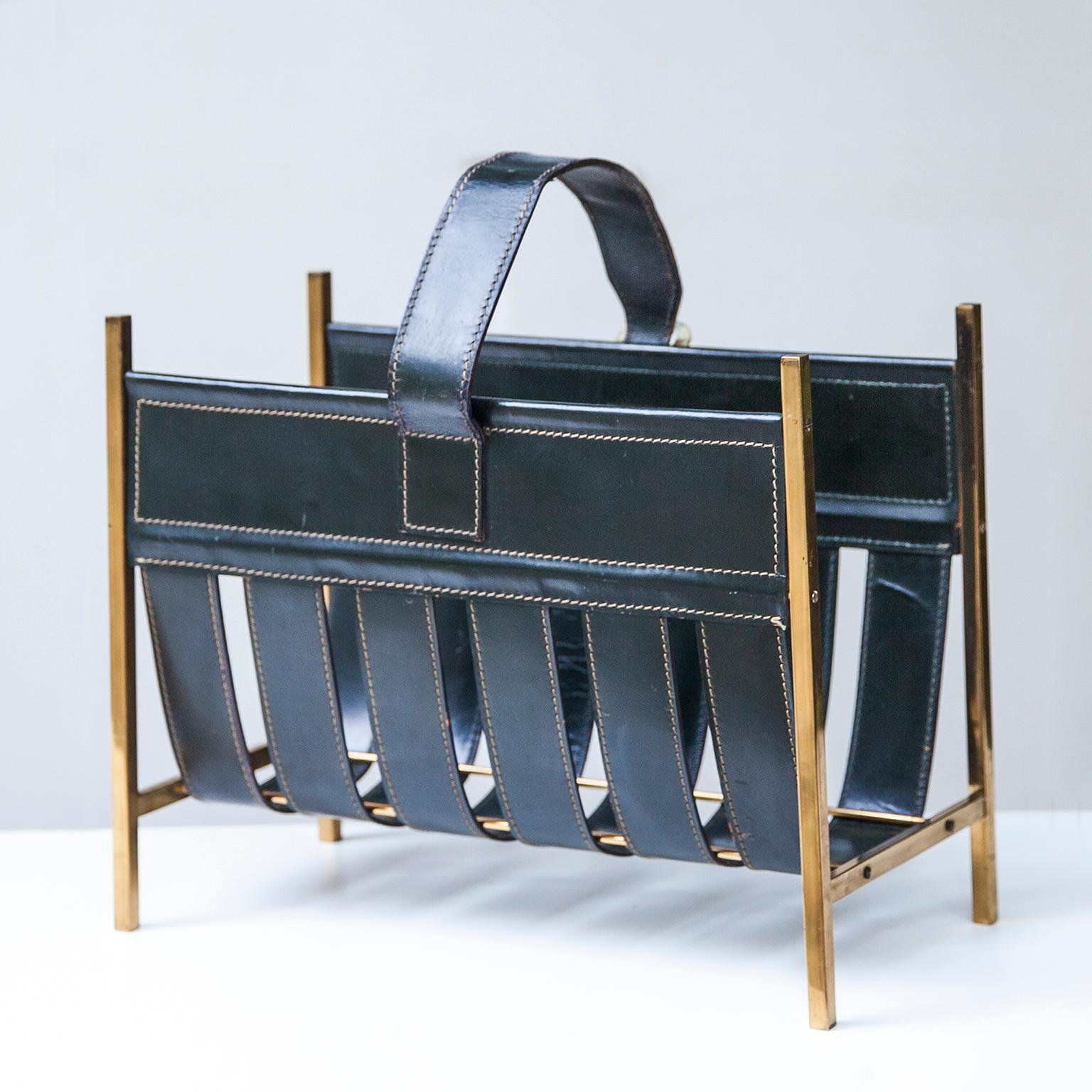Magazine Rack Green Leather Attributed to Adnet (Leder)