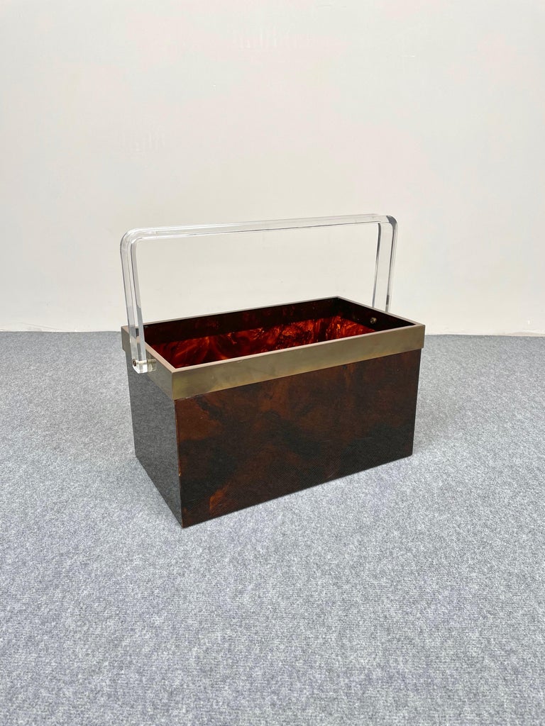 Magazine Rack Holder in Tortoiseshell Effect Lucite and Brass, Italy ...