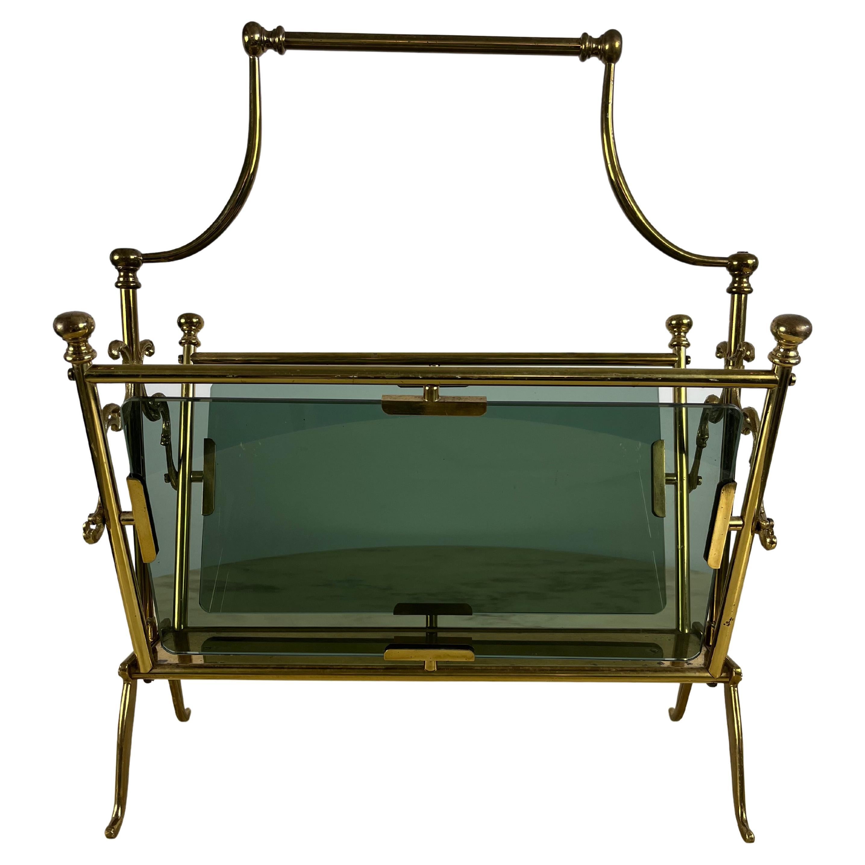 Magazine Rack in Brass and Smoked Glass, France, 1960 For Sale