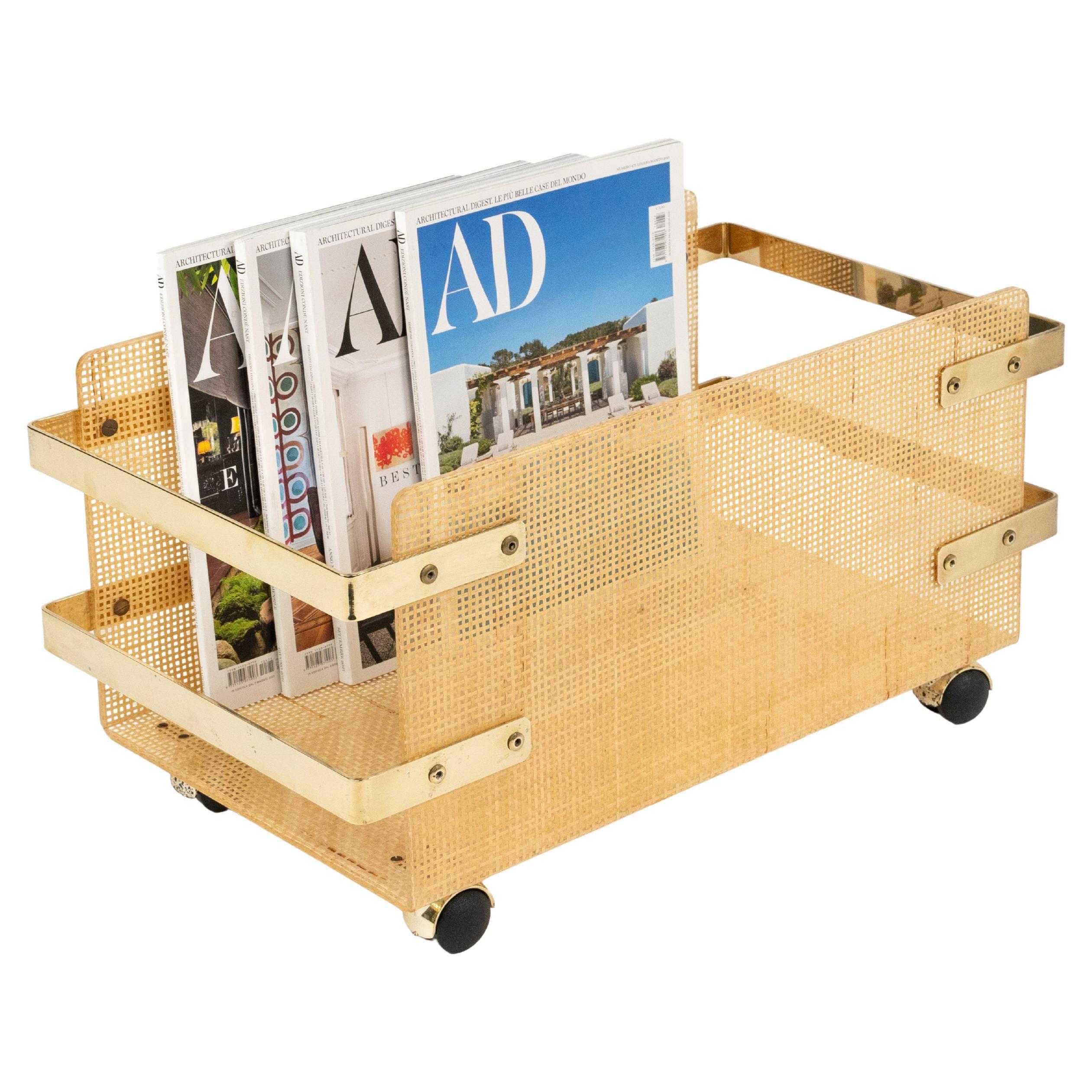 Magazine Rack in Lucite, Wicker and Brass Christian Dior Style, Italy 1970s