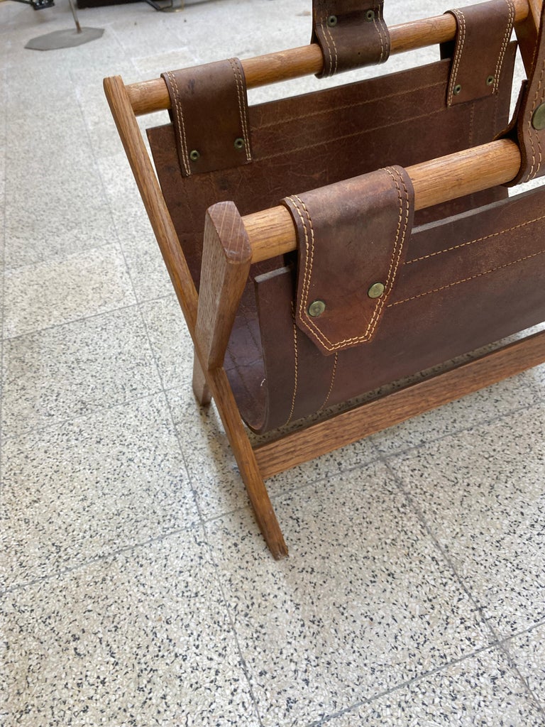 Magazine Rack in Oak and Leather, circa 1950-1960 For Sale at 1stDibs