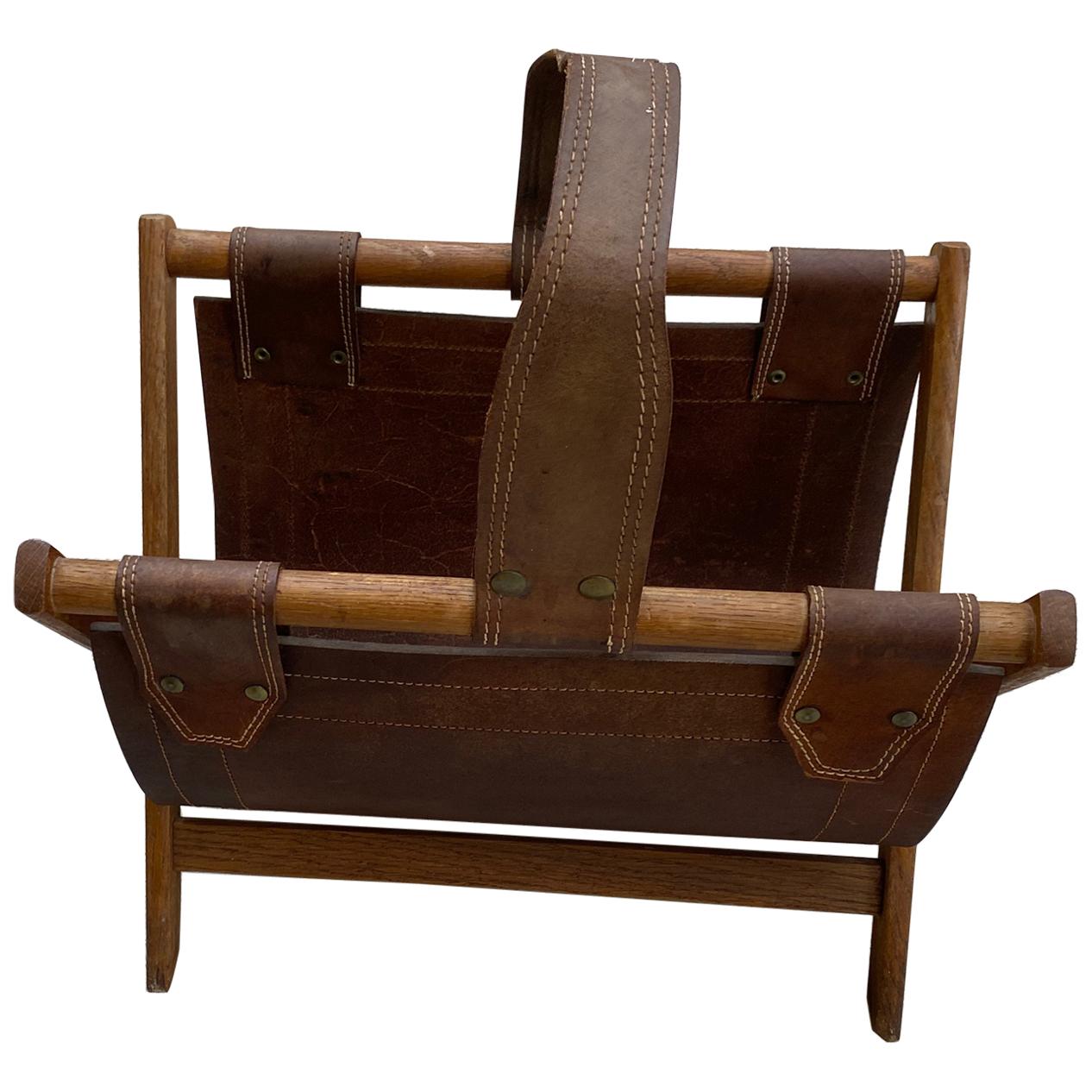 Magazine Rack in Oak and Leather, circa 1950-1960 For Sale