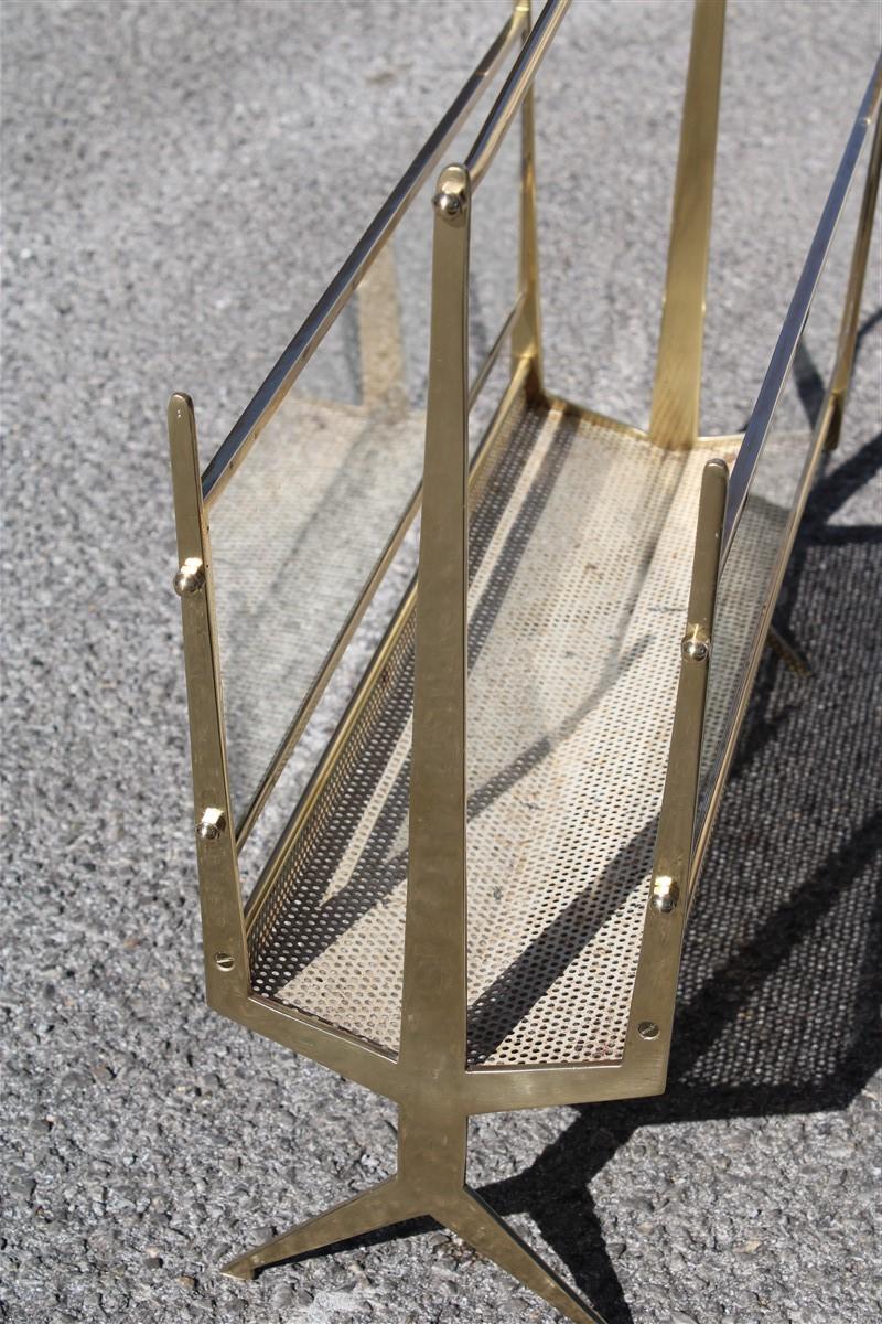 Magazine rack in solid brass and perforated metal Italy design 1950s midcentury, transparent side glasses.